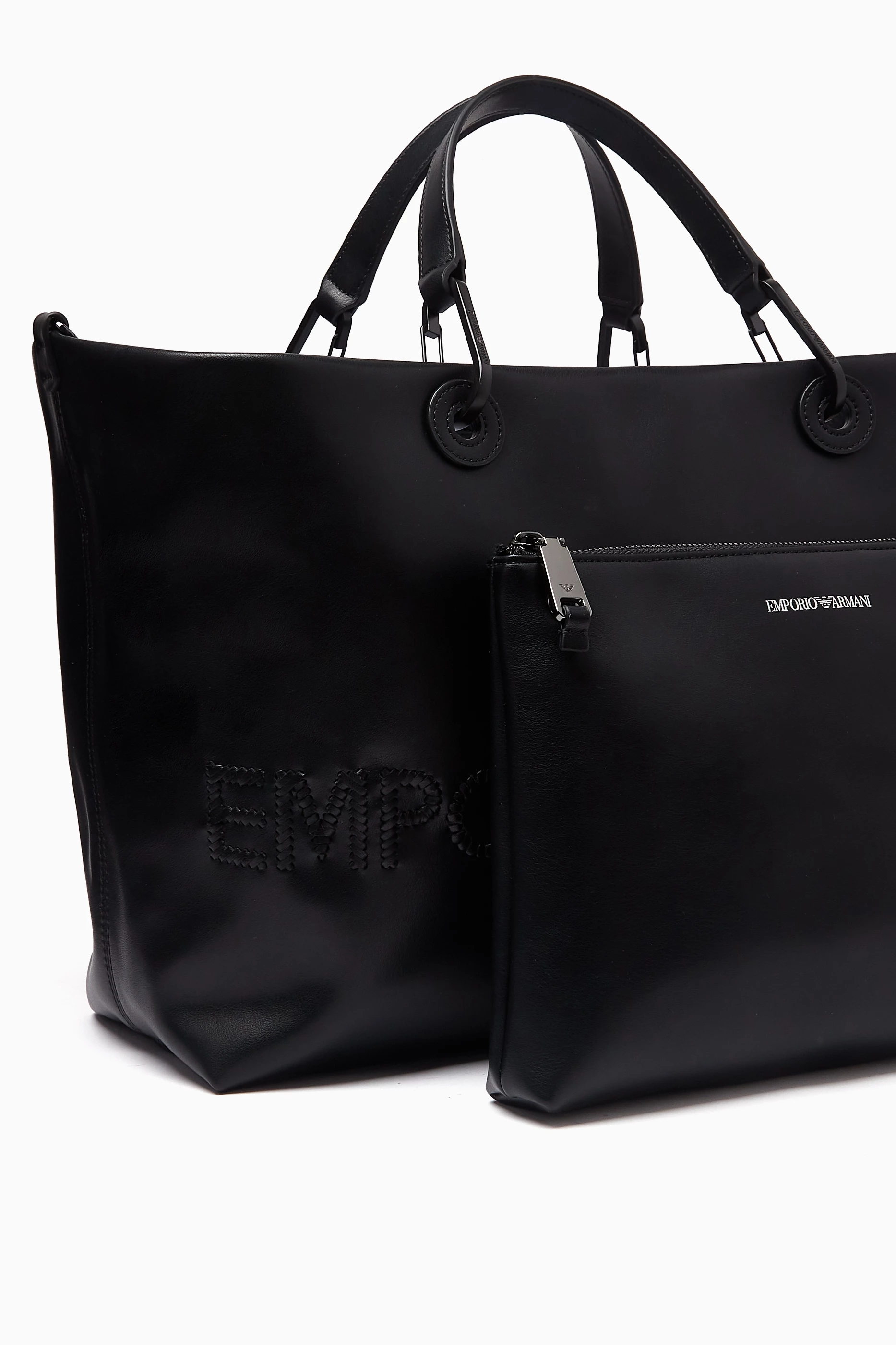 Buy Emporio Armani Black Medium Logo Tote Bag in Leather For Women