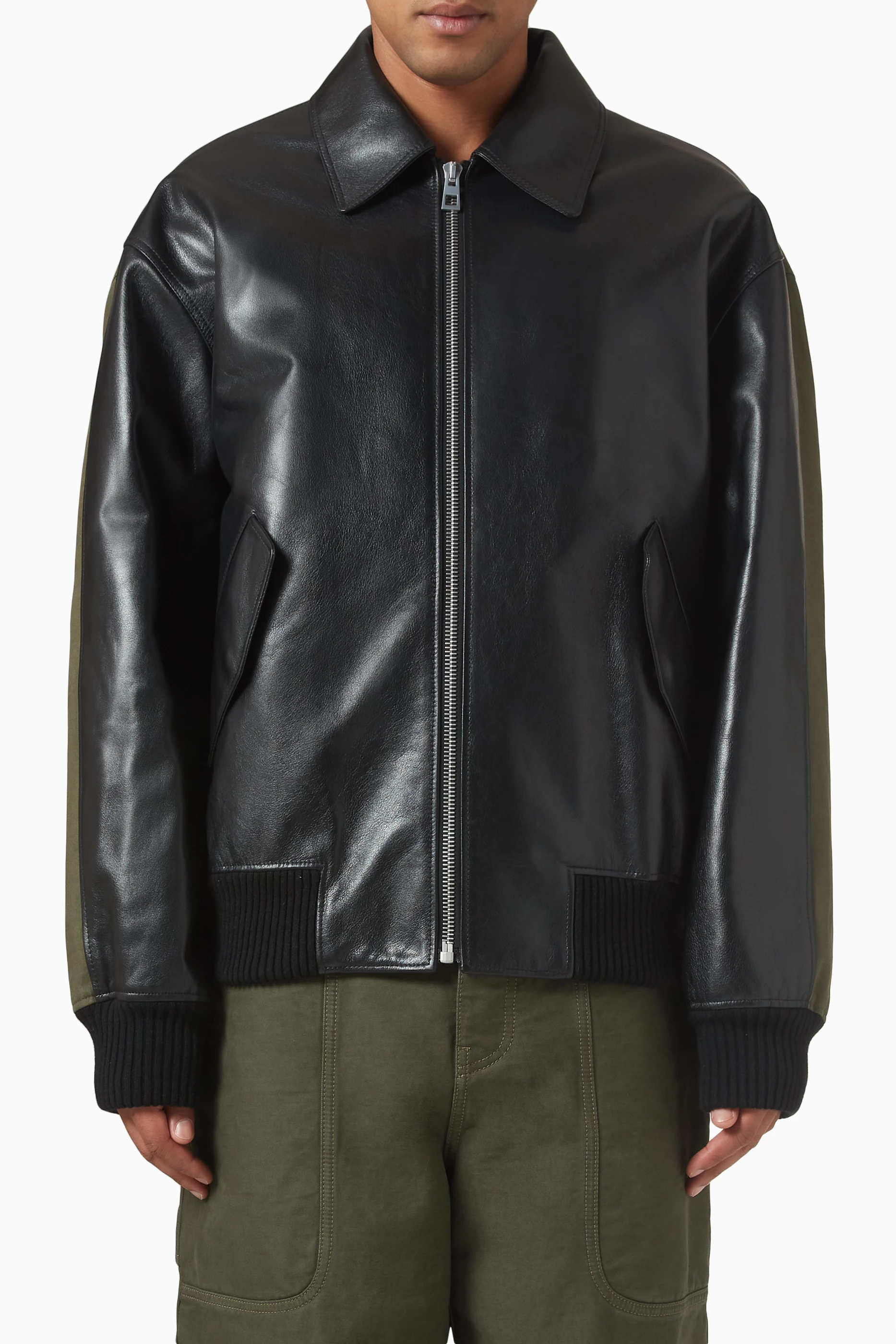 Buy LOEWE Black Hybrid Bomber Jacket in Leather For Men Online 