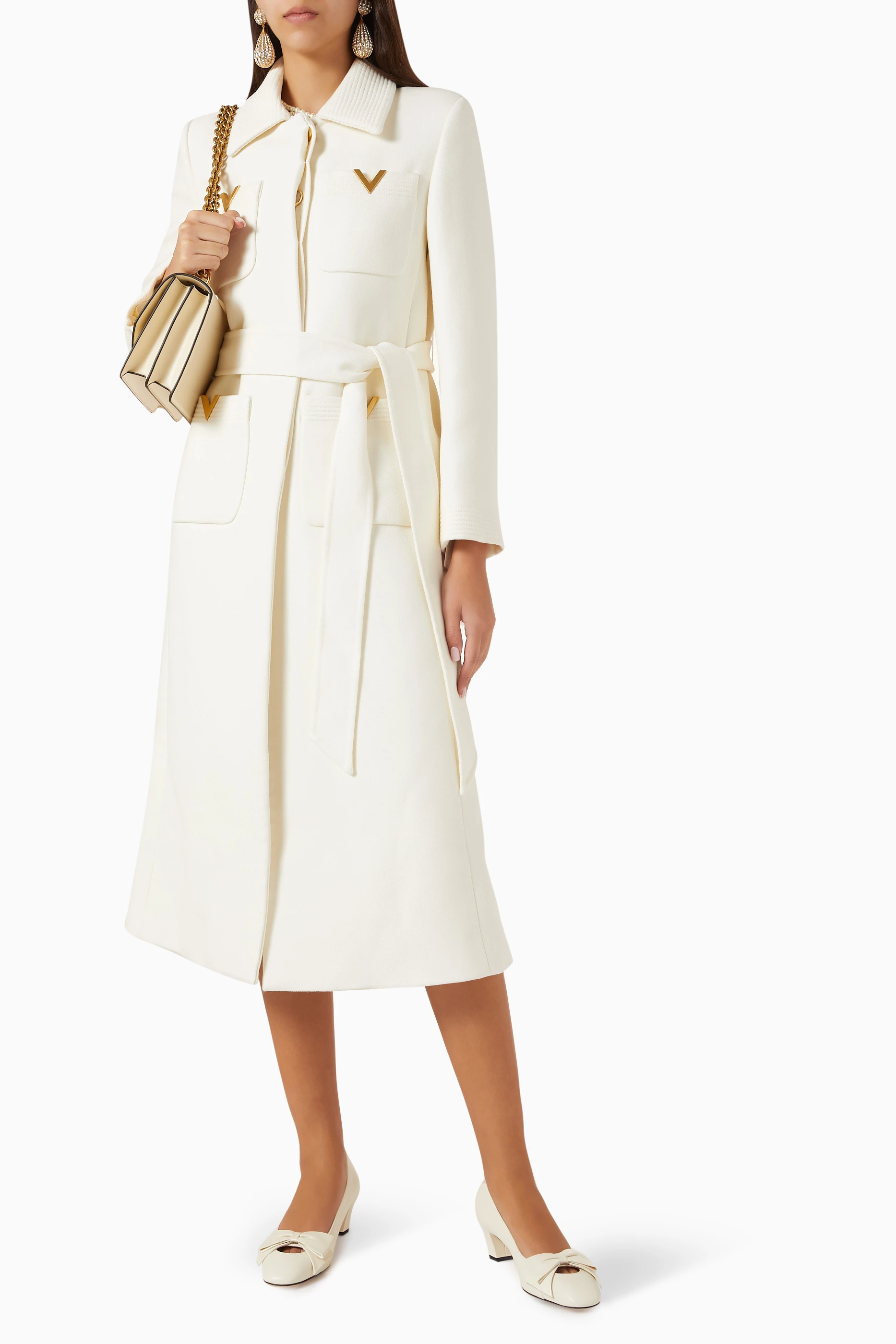 Buy Valentino Garavani White Logo Belted Coat in Virgin Wool