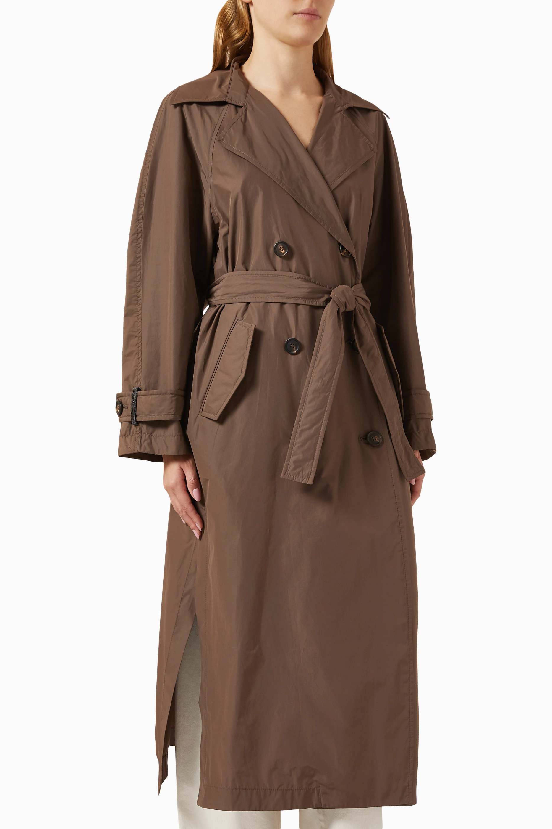 Buy Brunello Cucinelli Brown Belted Trench Coat For Women