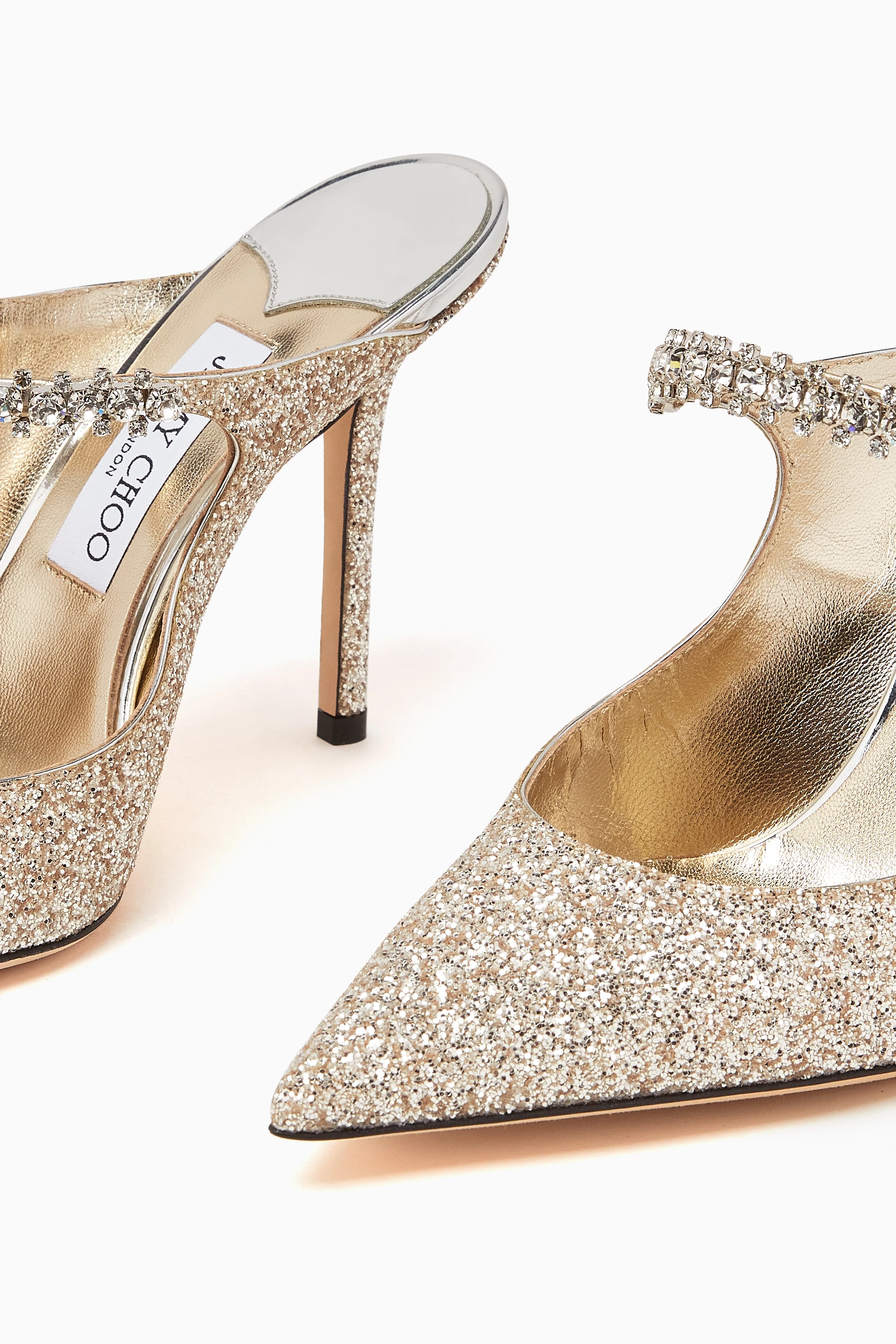 【送料&関税込】Jimmy Choo Bing 100 Pumps In Gold Glitter Bing 100 | Gold Mix Satin Crystal Pumps | JIMMY CHOO