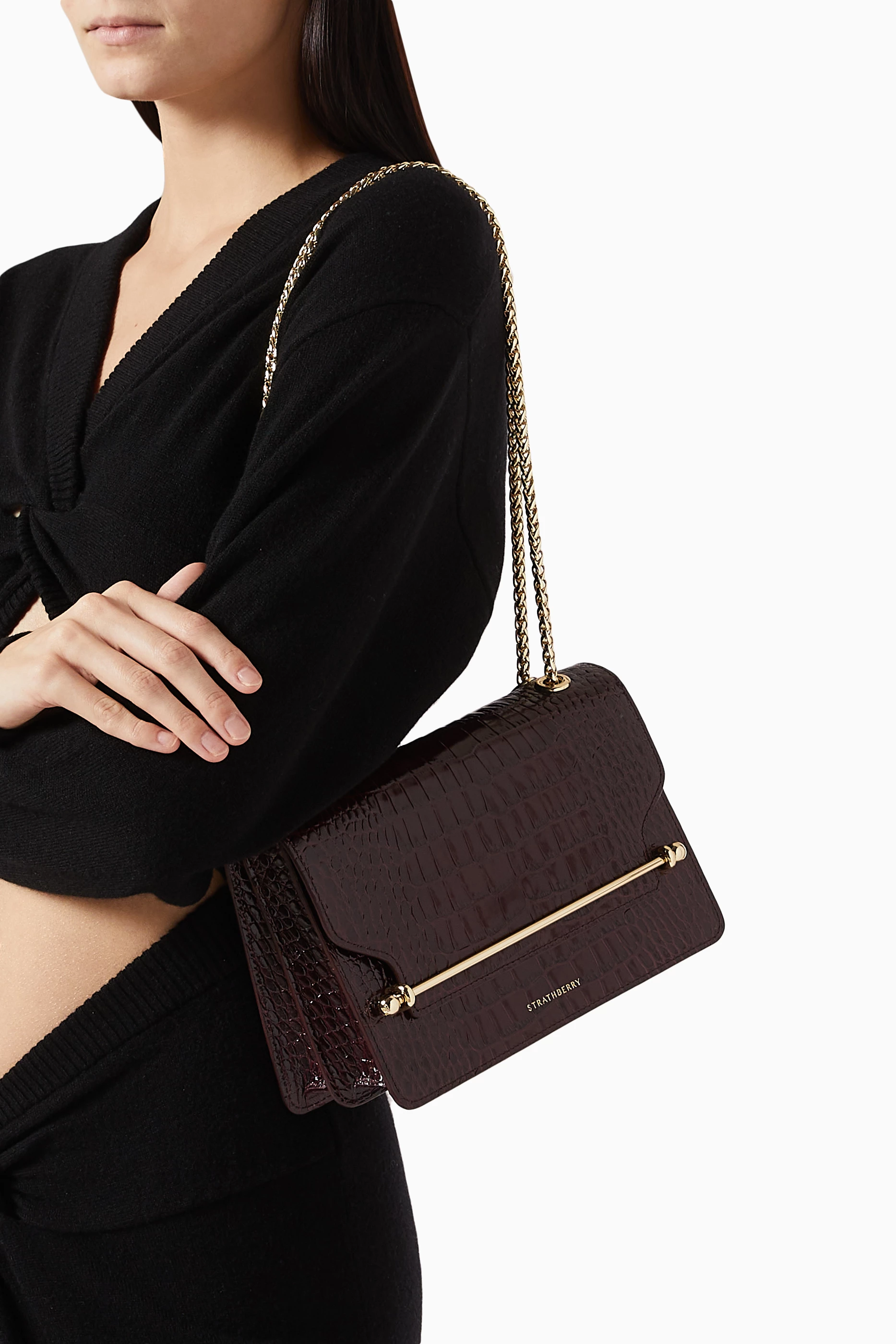 Buy Strathberry Burgundy East West Shoulder Bag in Croc-embossed 