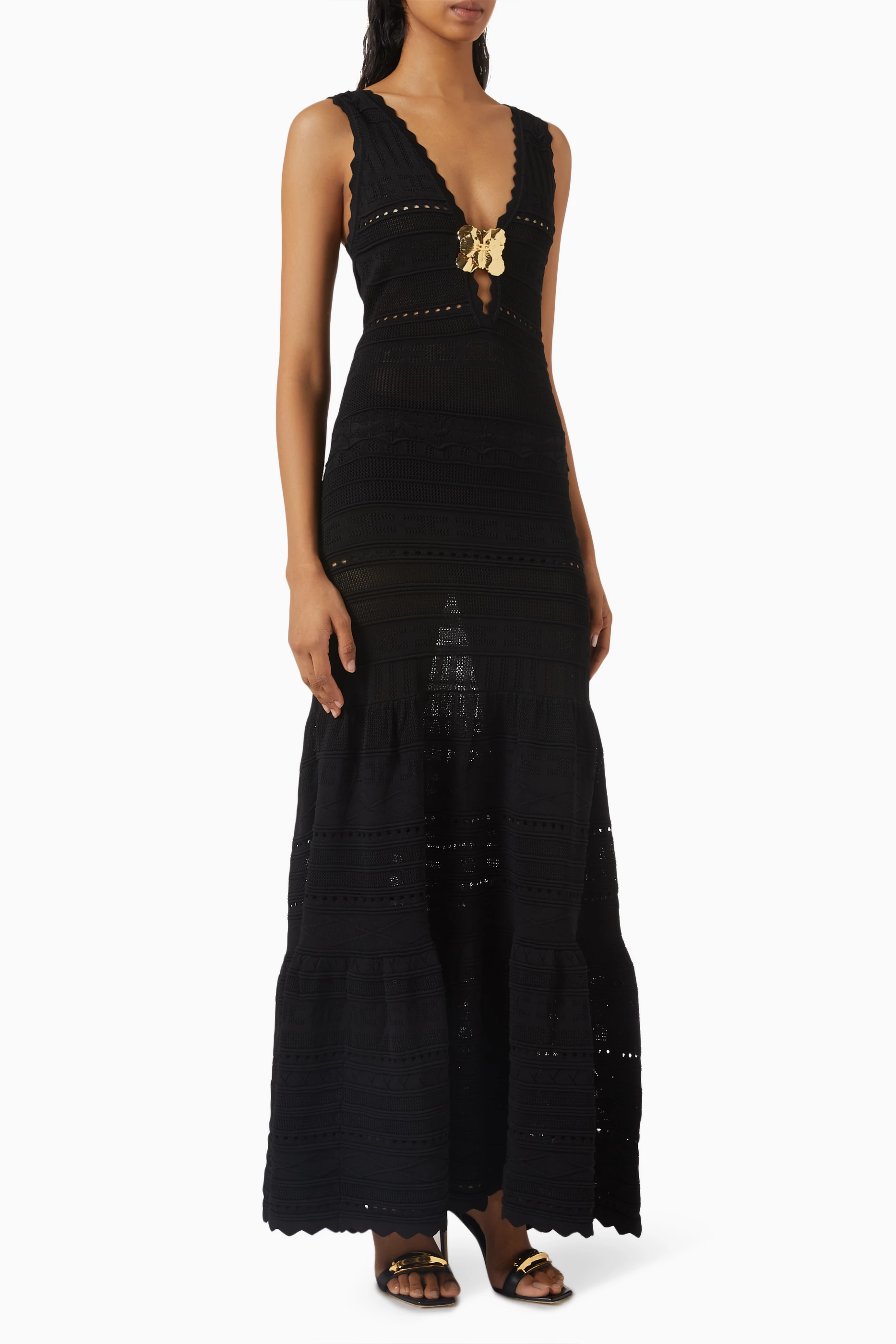 Buy Elisabetta Franchi Black Openwork Maxi Dress in Viscose-blend