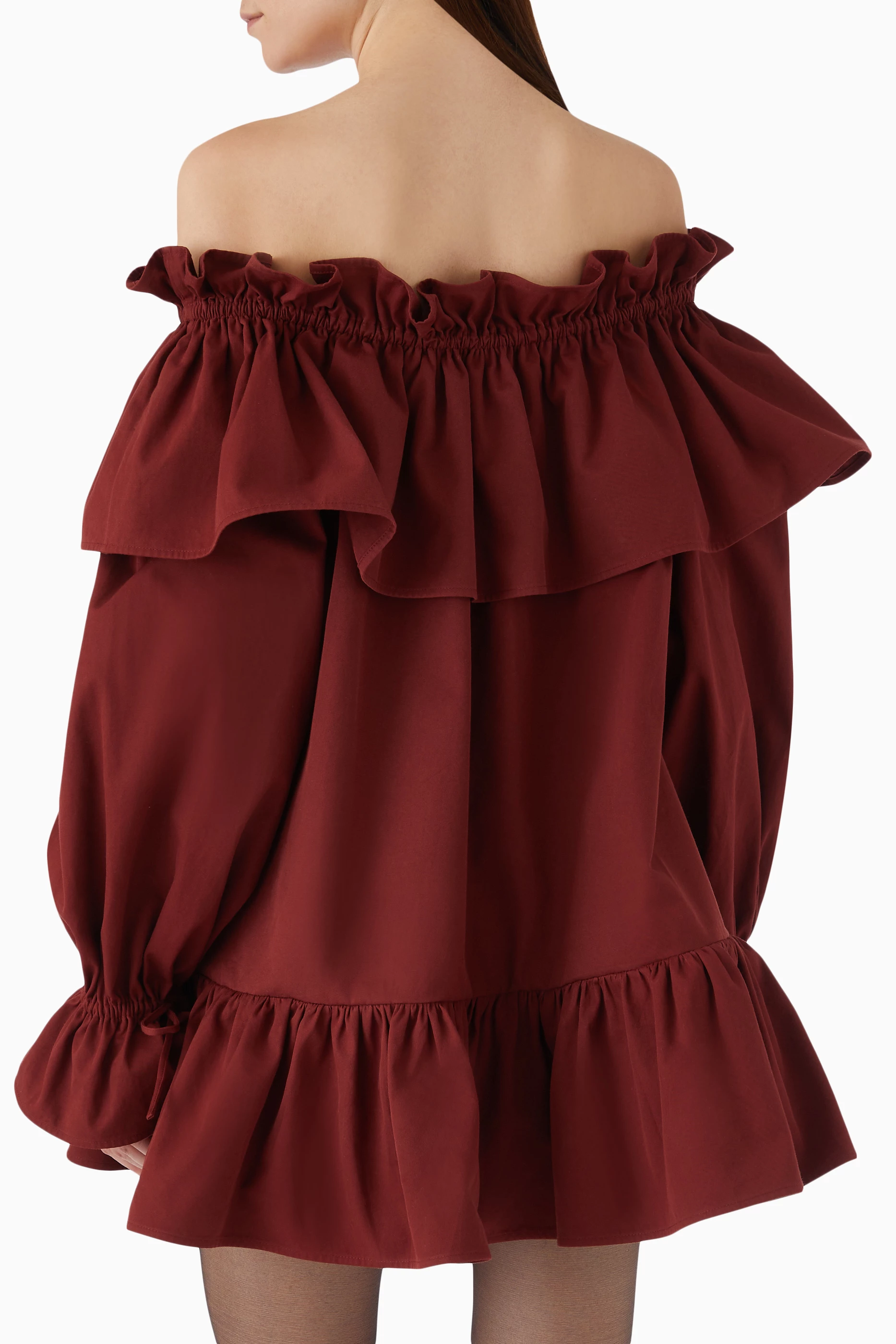 Buy SAINT LAURENT Red Ruffled Off-shoulder Mini Dress in