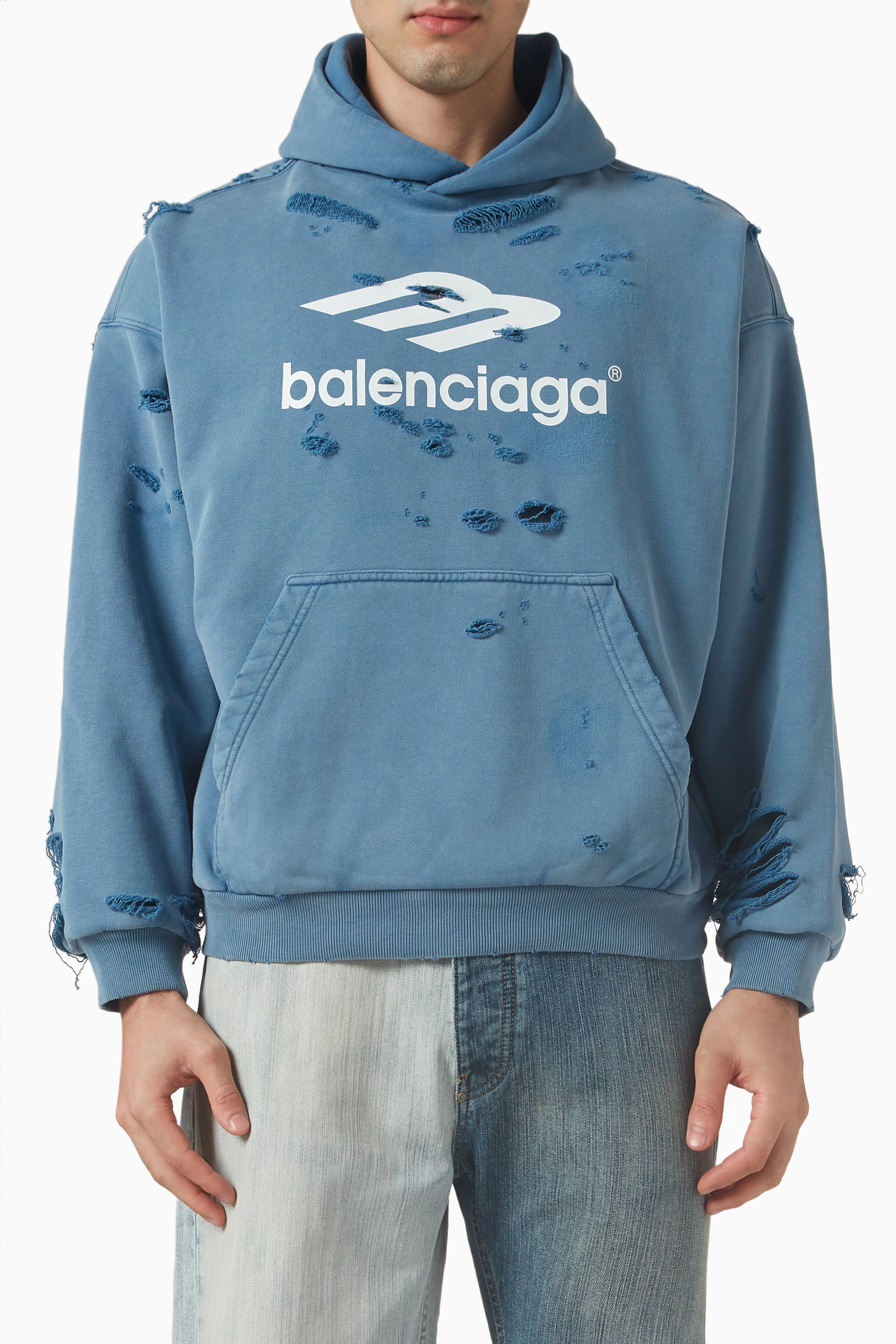 【送料&関税込】Balenciaga Blue Cotton Oversize Sweatshirt Balenciaga Blue Cotton Knit Logo Printed Oversized Hoodie S