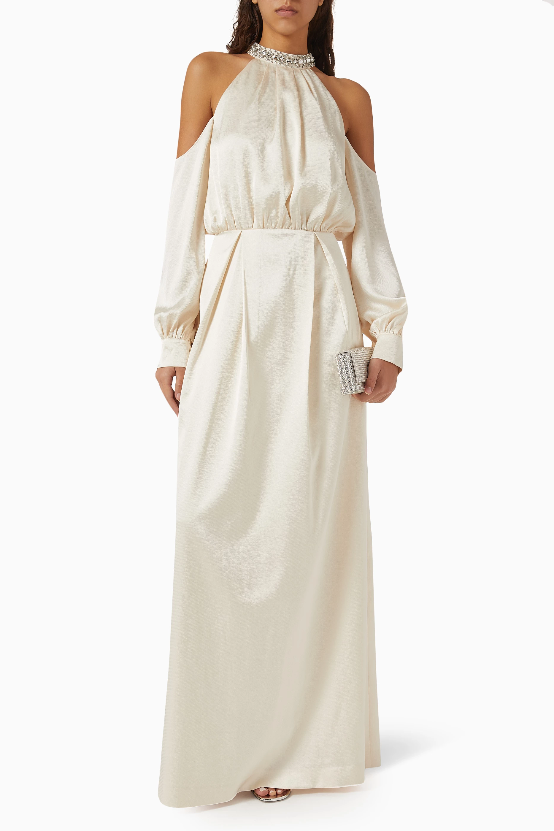 Buy IHF White Cold-shoulder Maxi Dress in Satin For Women Online