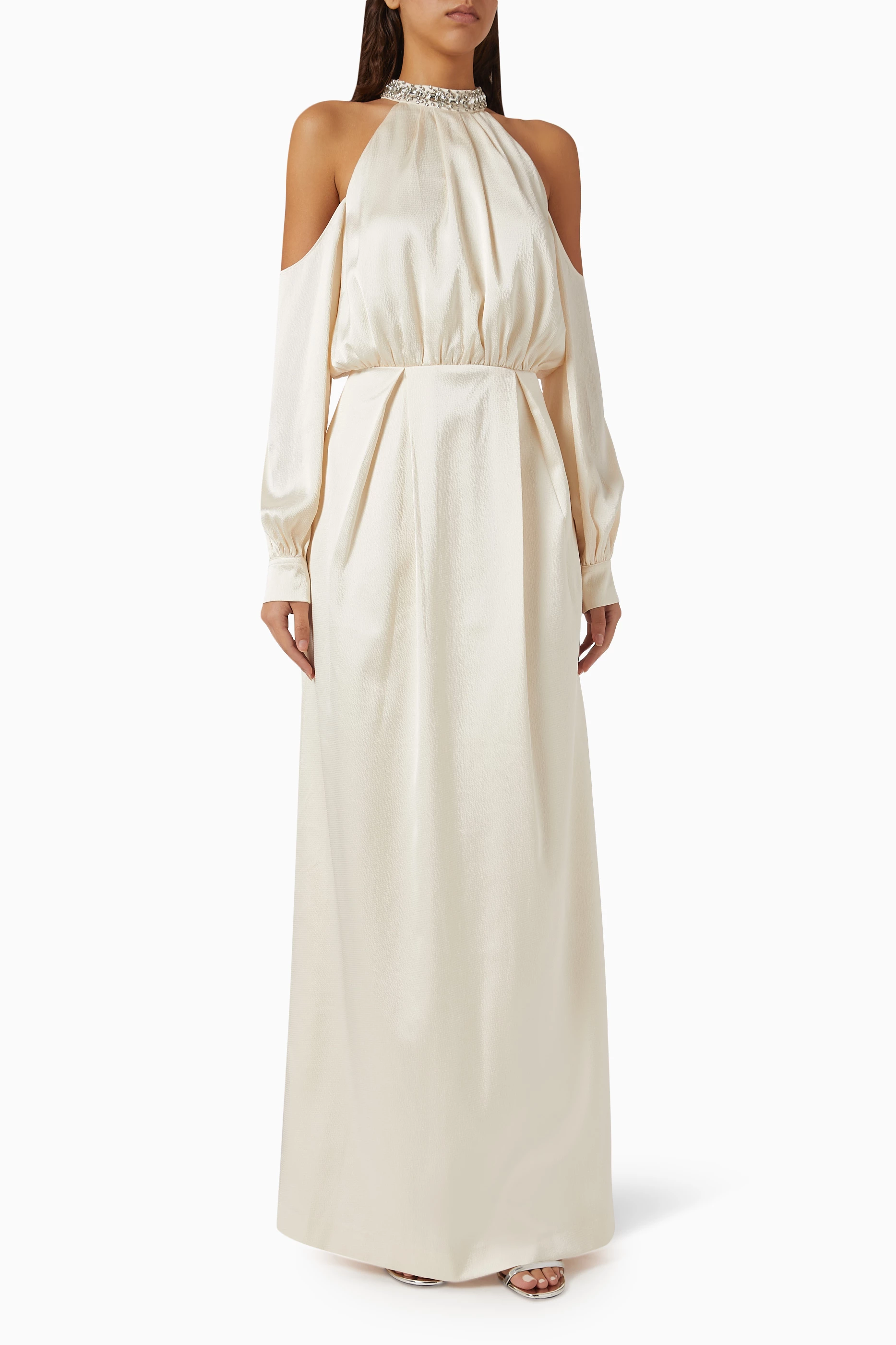 Buy IHF White Cold shoulder Maxi Dress in Satin For Women Online Ounass Saudi