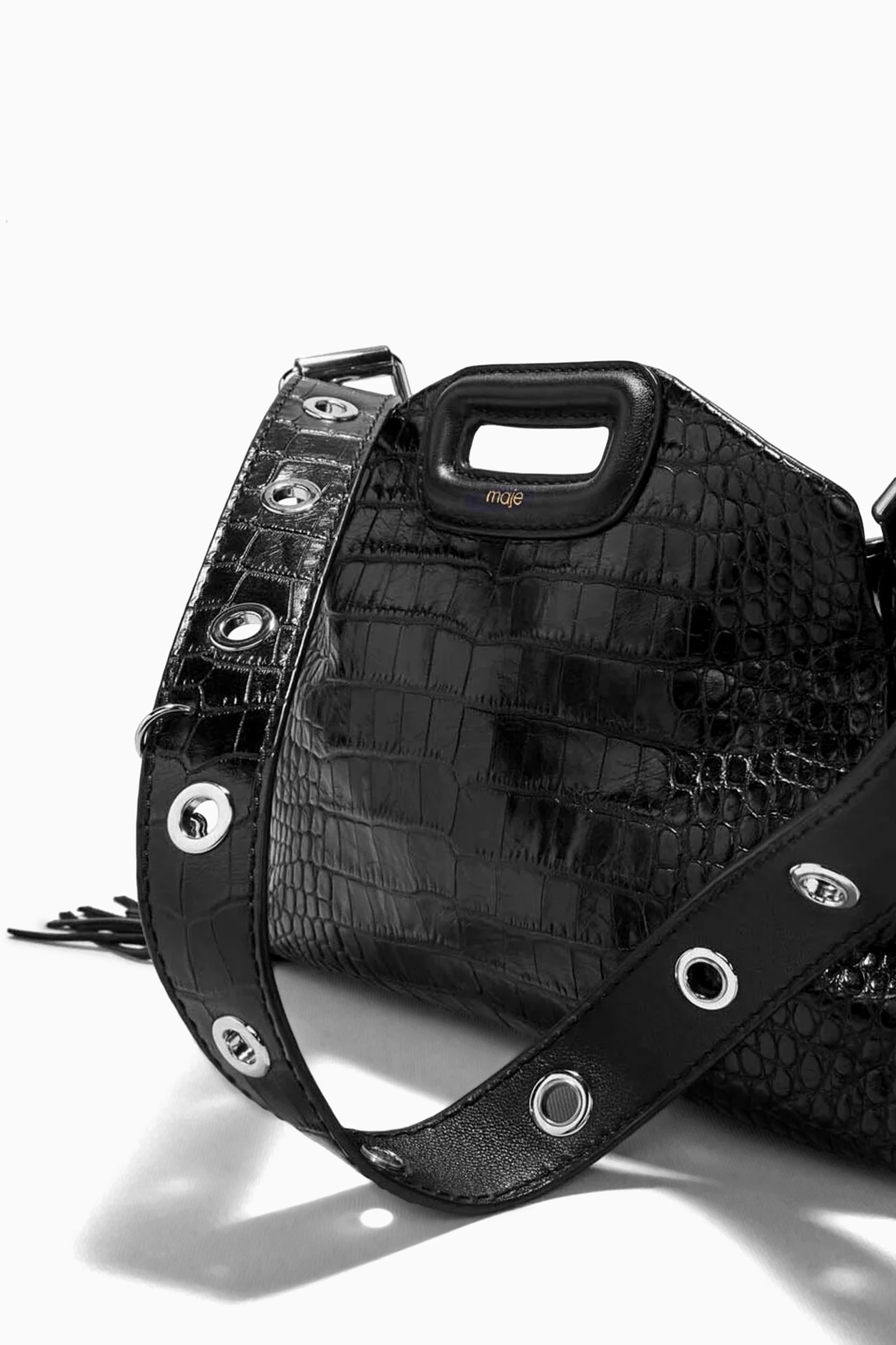 Buy Maje Black Mini Miss M Shoulder Bag in Croc-embossed Leather