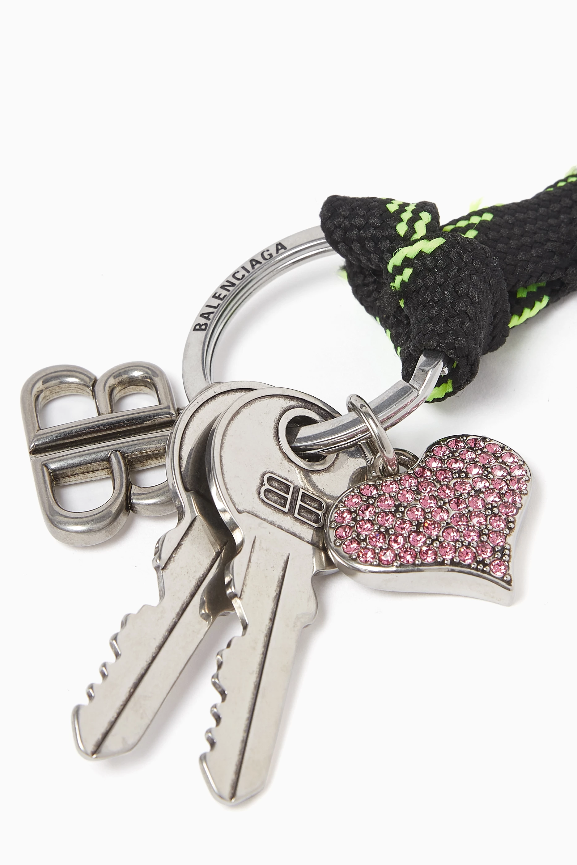 Buy Balenciaga Black Shoelace Keychain in Silver-tone Brass