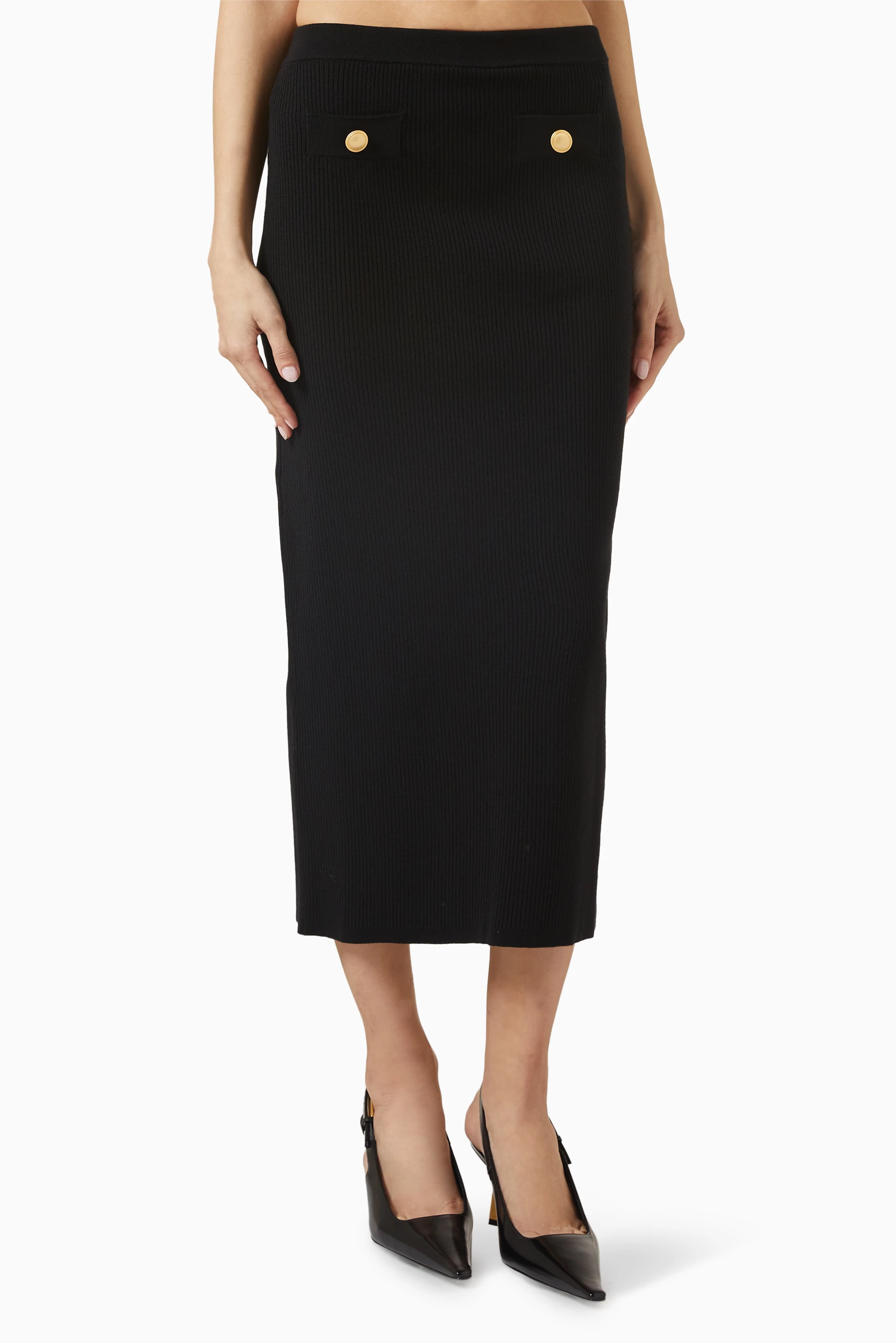 Buy Alessandra Rich Black Knit Midi Skirt in Merino Wool For