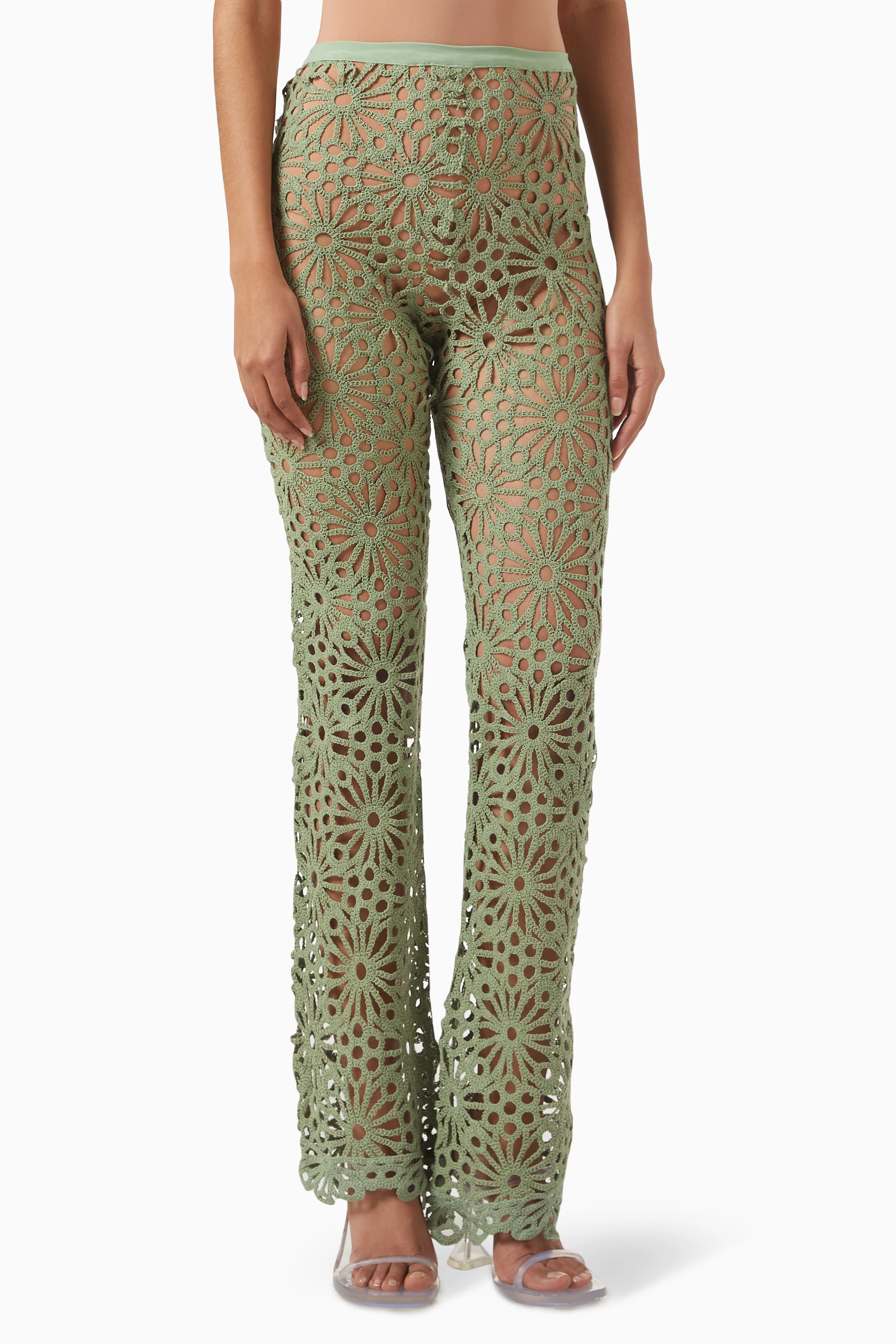 パンツ Norma Kamali SS25 'Crochet' pants (ST1257CRO51 832) Buy Norma Kamali Green Sheer Boot Pants in Crochet-knit For