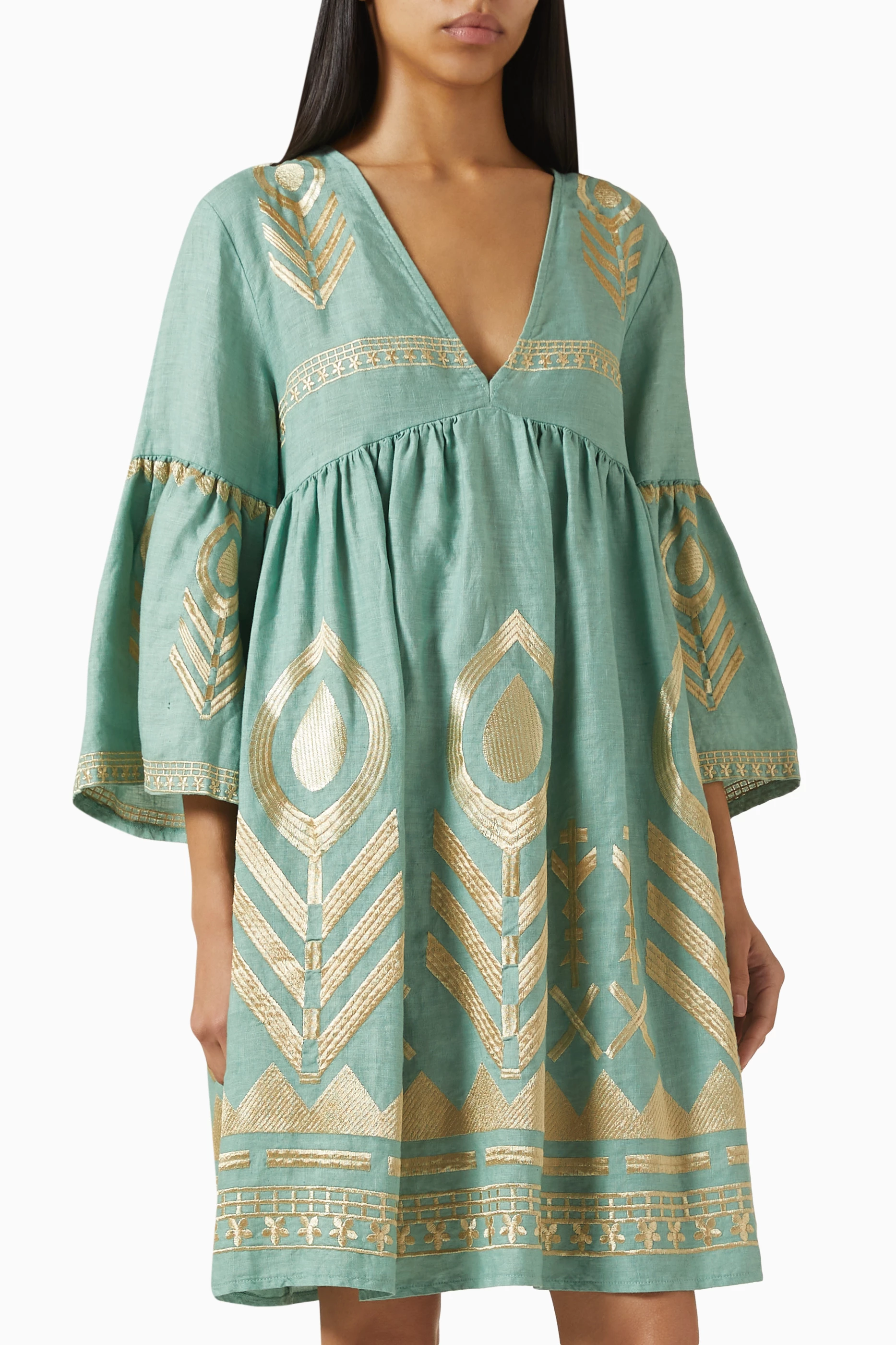 Buy Greek Archaic Kori Green Embroidered Mini Dress in Linen For Women  Online | Ounass Saudi