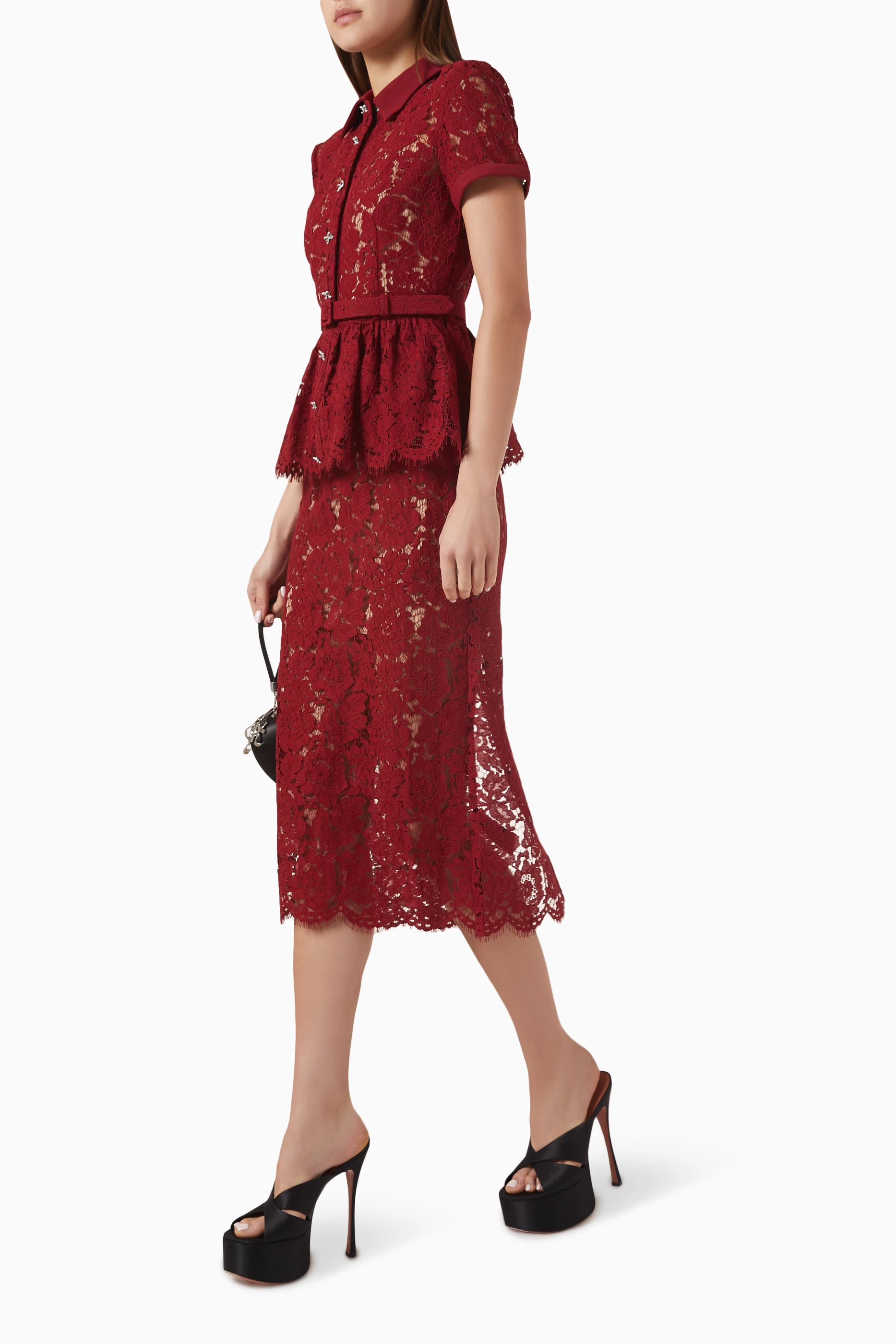 Buy Self-Portrait Burgundy Peplum Midi Dress in Lace For Women Online |  Ounass Saudi