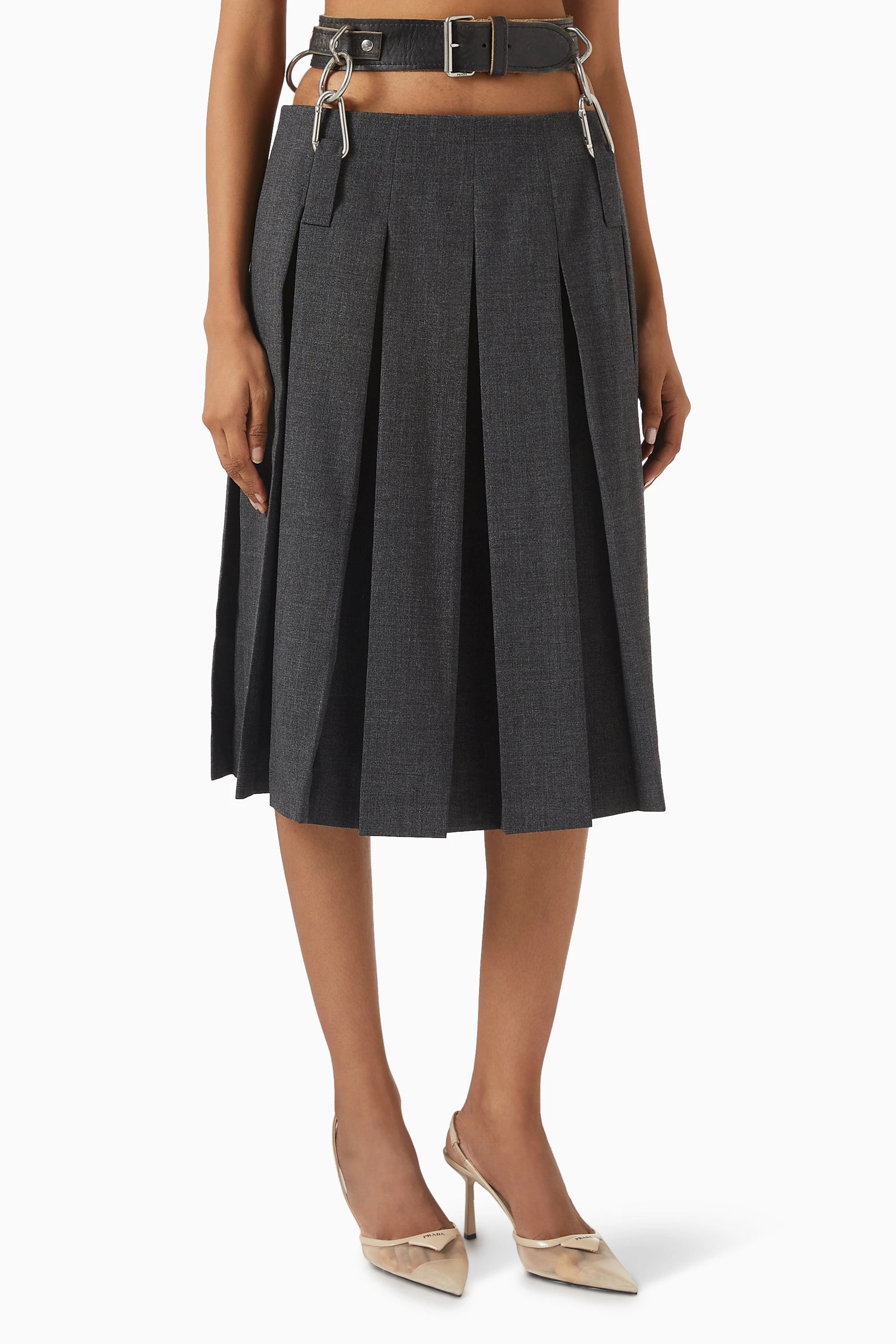 PRADA VIRGIN WOOL MIDI SKIRT ミディスカート Belted high-rise virgin wool midi skirt in grey - Alaia