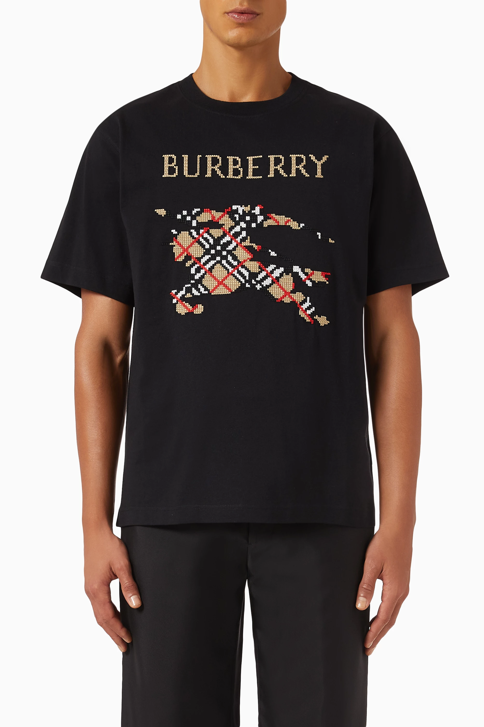 Buy Burberry Black Cross Stitch EKD T-shirt in Cotton For Men