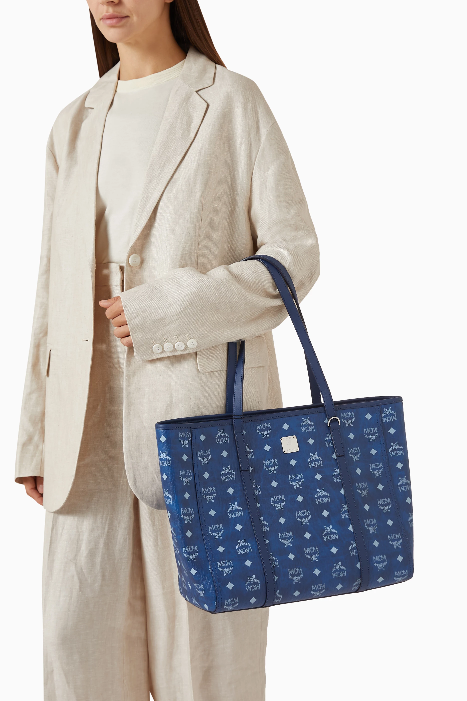 Buy MCM Blue Medium Toni Shopper Bag in Visetos For Women Online