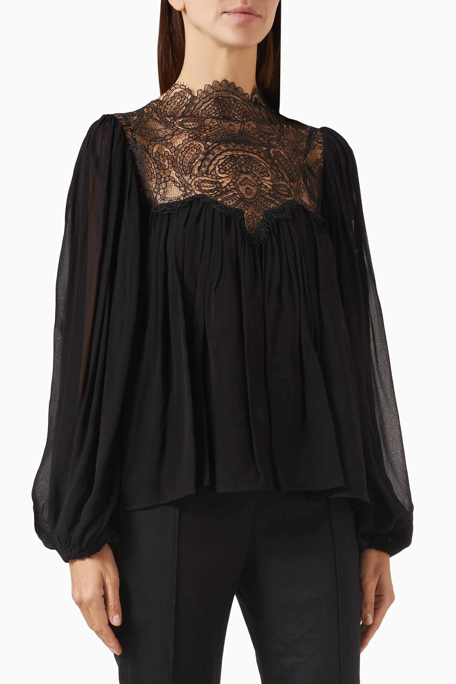 Buy Shona Joy Black Emory Lace-trim Blouse in Georgette For Women