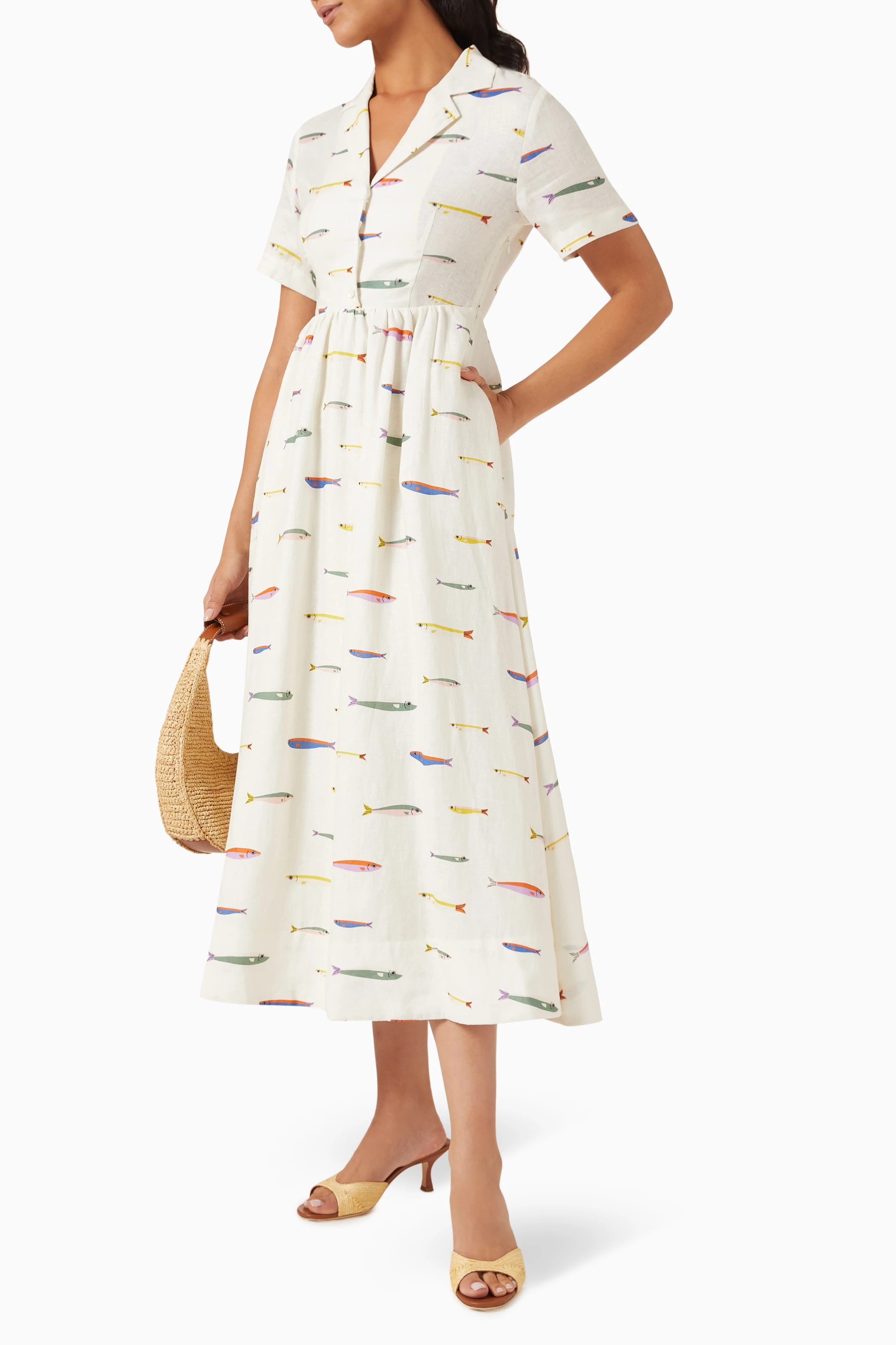 Buy Staud White Meryl Printed Dress in Linen For Women Online