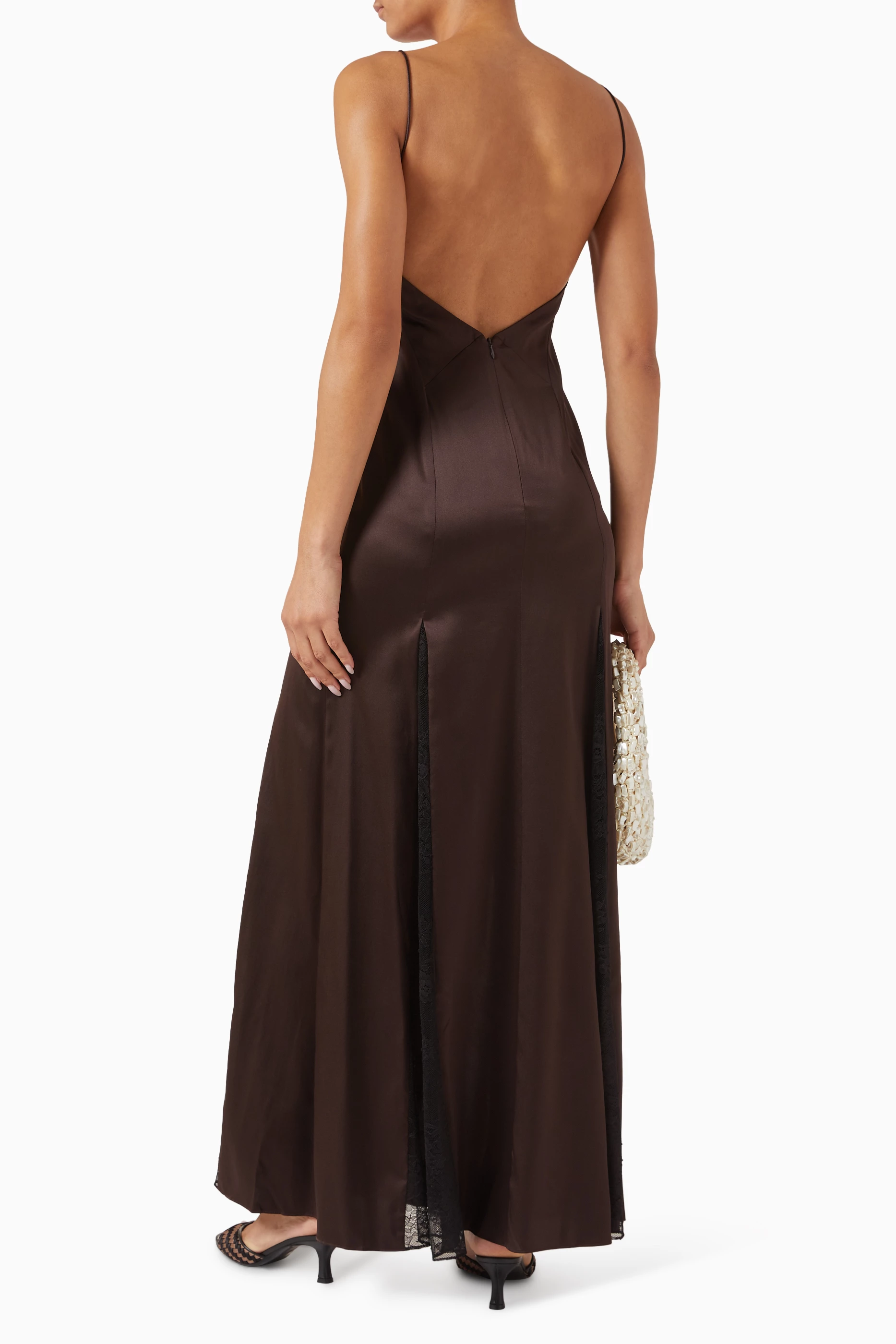 staud trinity silk dress STAUD Trinity lace-insert Maxi Dress | Brown