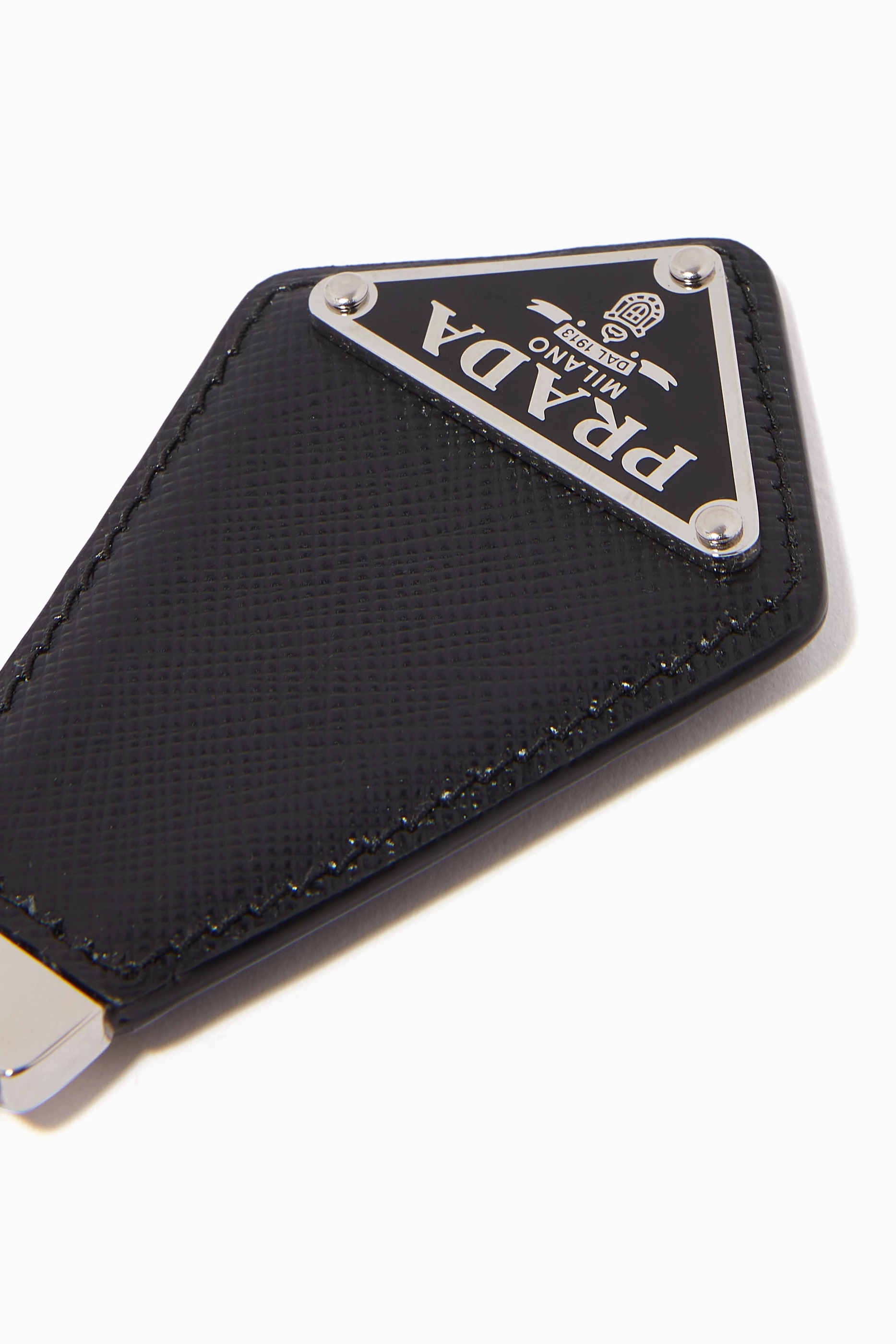 Buy Prada Black Saffiano Leather Logo Key Ring For Men