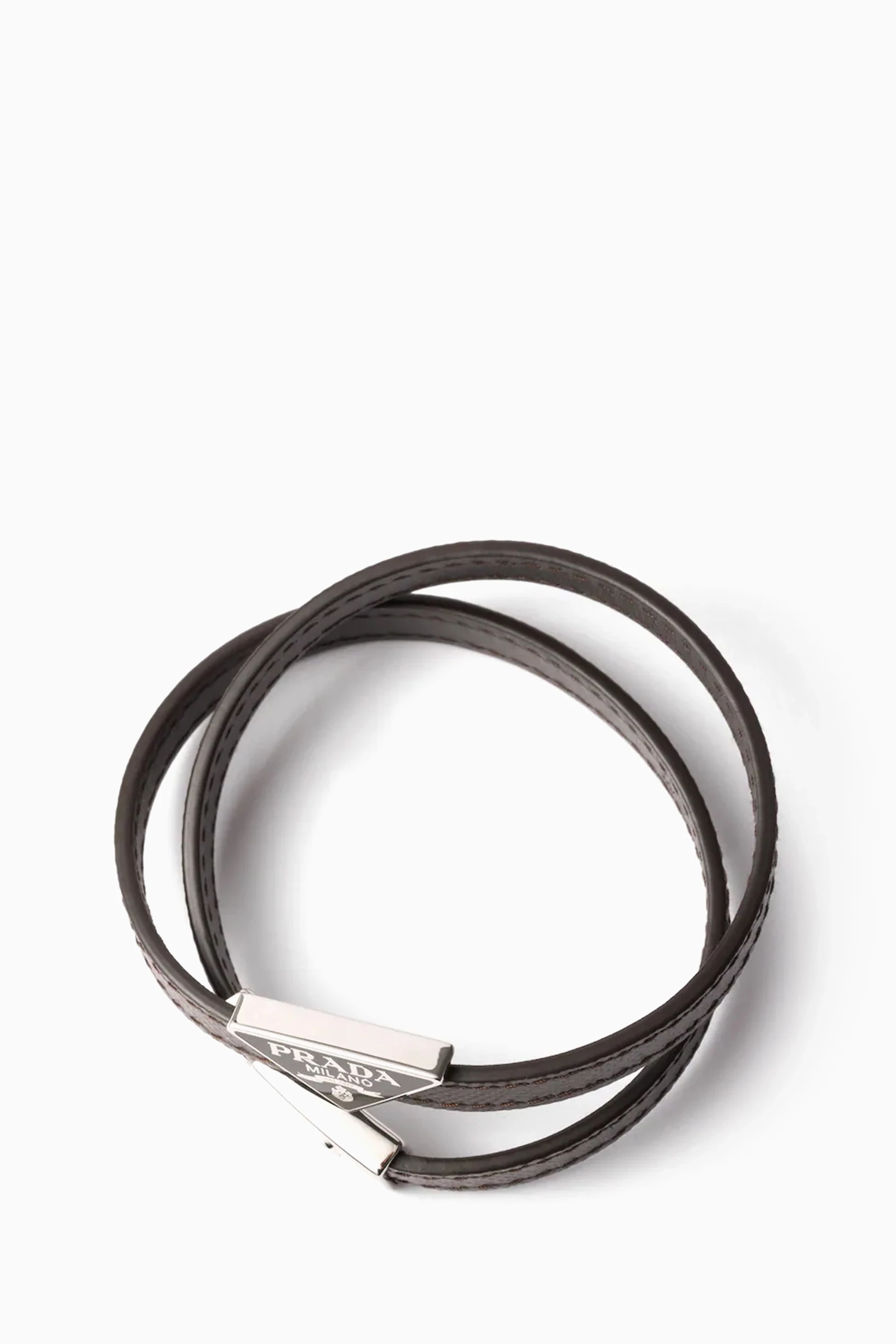 Buy Prada Grey Double Logo Bracelet in Leather For Men Online