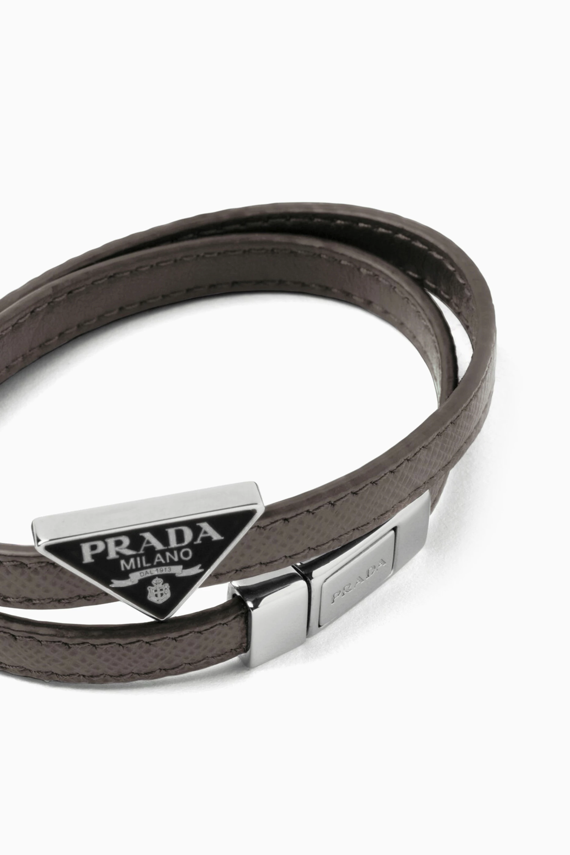 Buy Prada Grey Double Logo Bracelet in Leather For Men Online