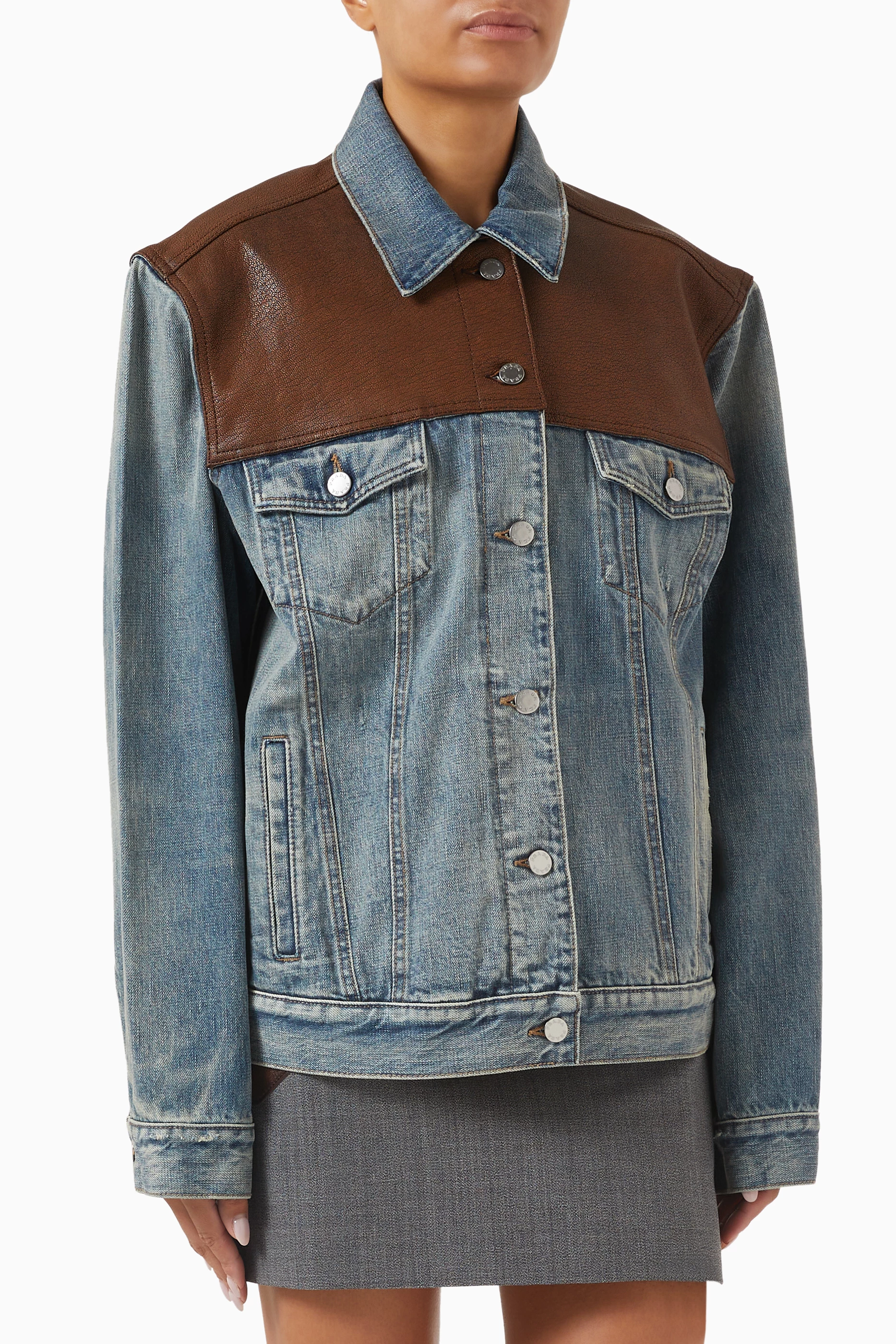 Buy Prada Blue Blouson Jacket in Denim & Leather For Women Online