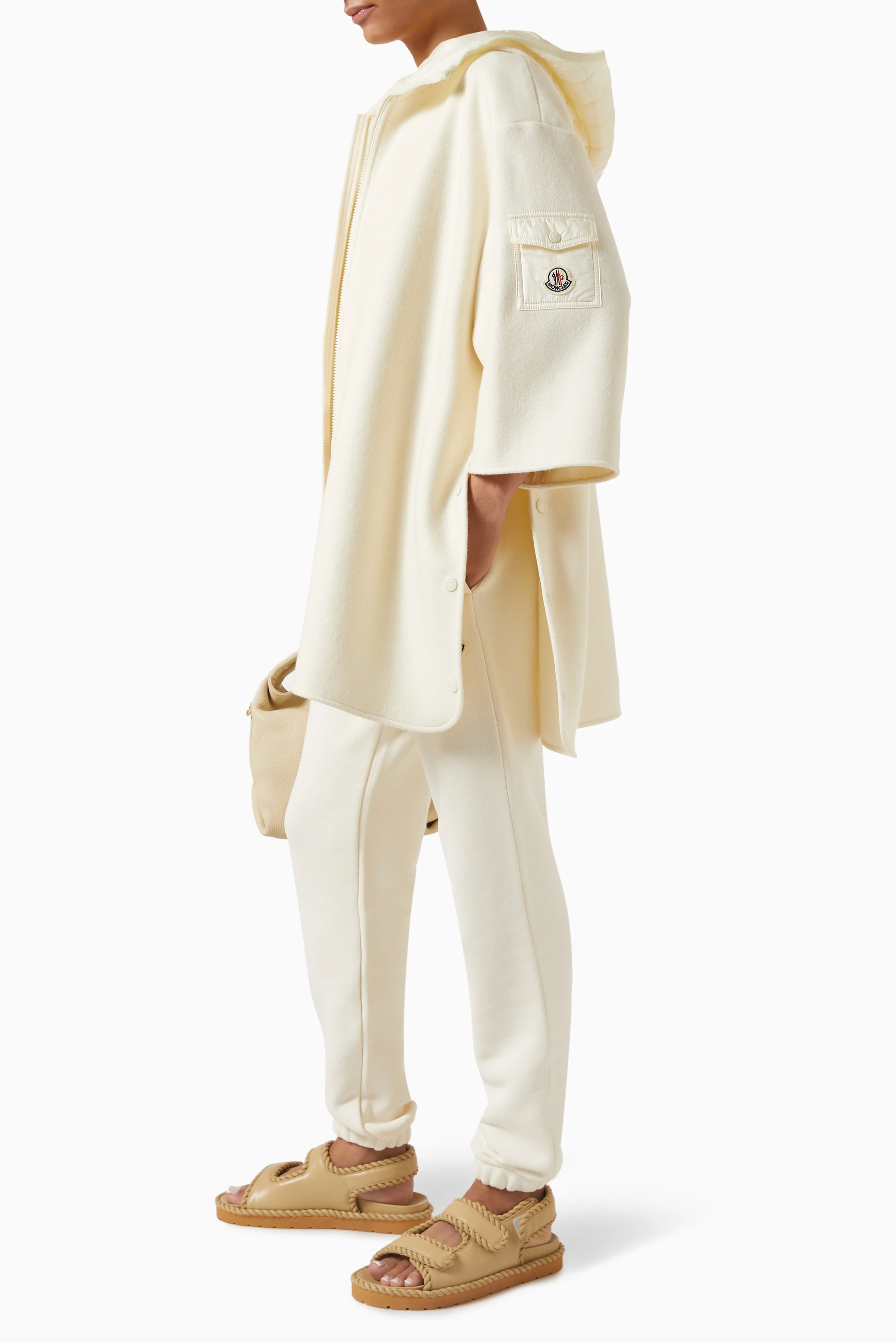 Buy Moncler Neutral Hooded Zip-up Cape in Wool For Women