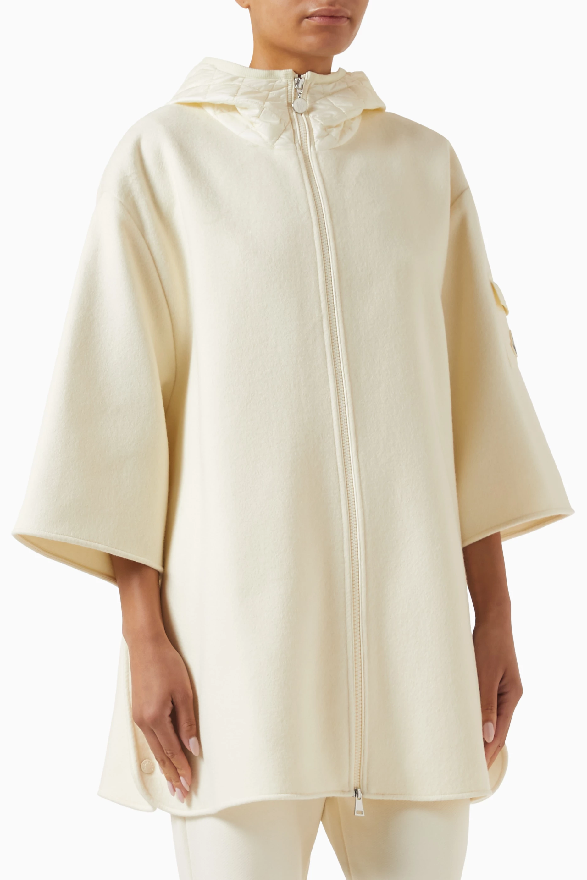 Buy Moncler Neutral Hooded Zip-up Cape in Wool For Women