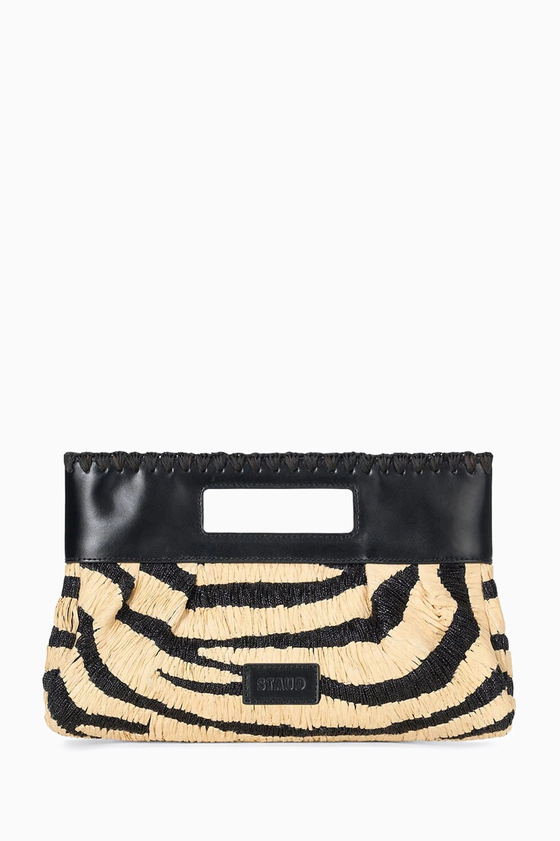 Buy Staud Black Lena Clutch Bag in Zebra-print Raffia & Leather