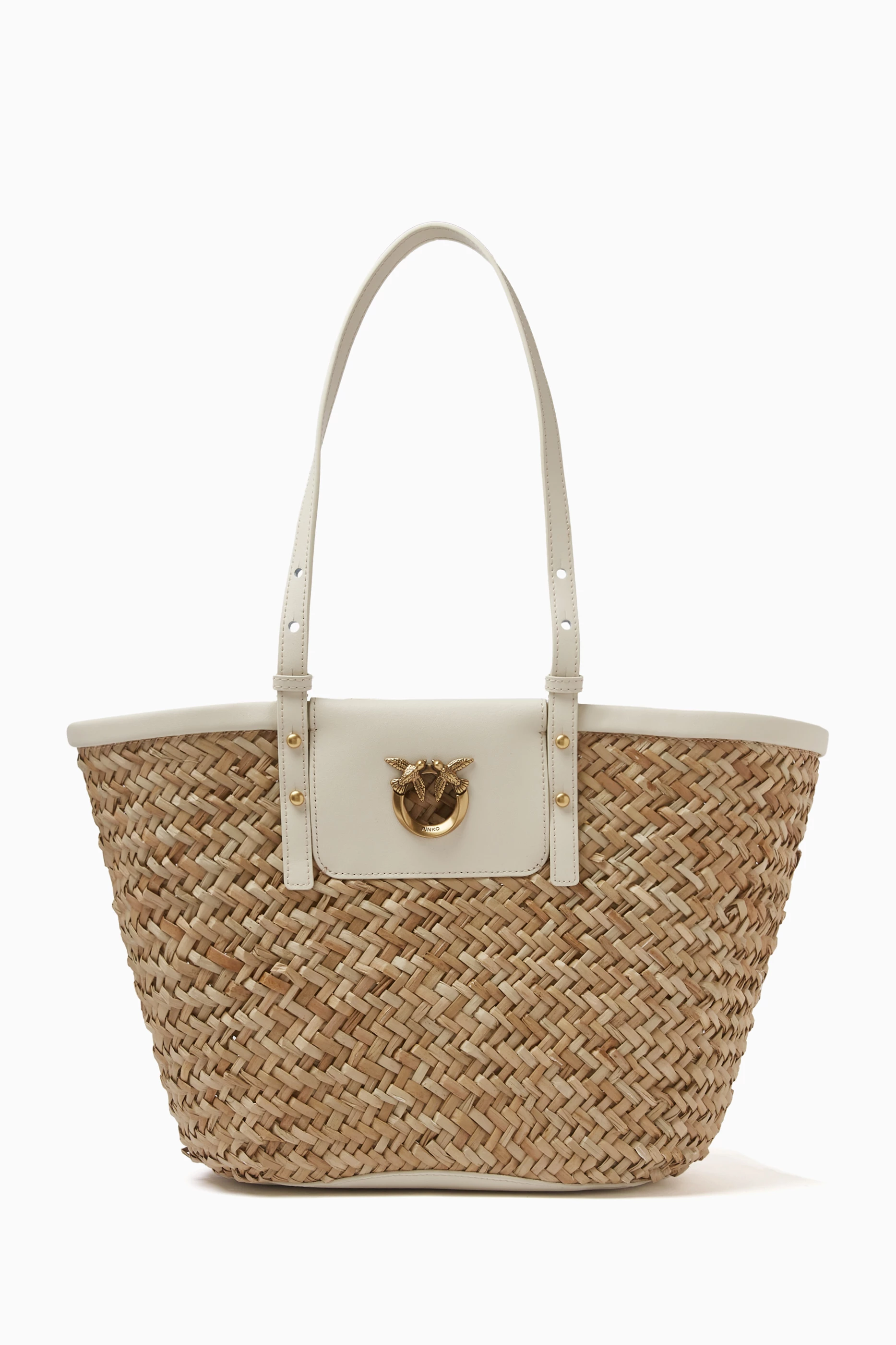Buy PINKO White Love Summer Basket Shoulder Bag in Raffia For