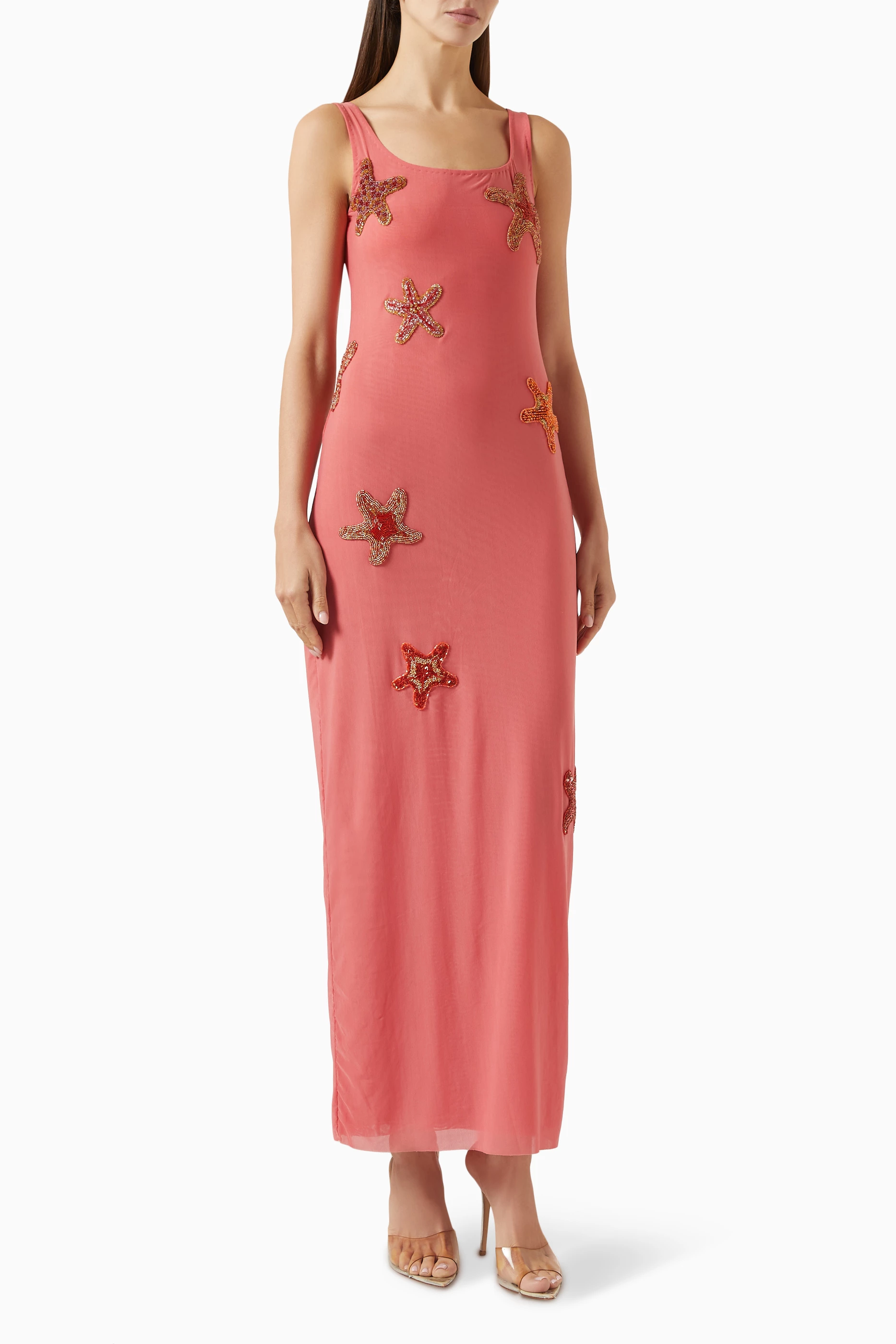 Buy Leslie Amon Orange Starfish Embellished Tank Maxi Dress For