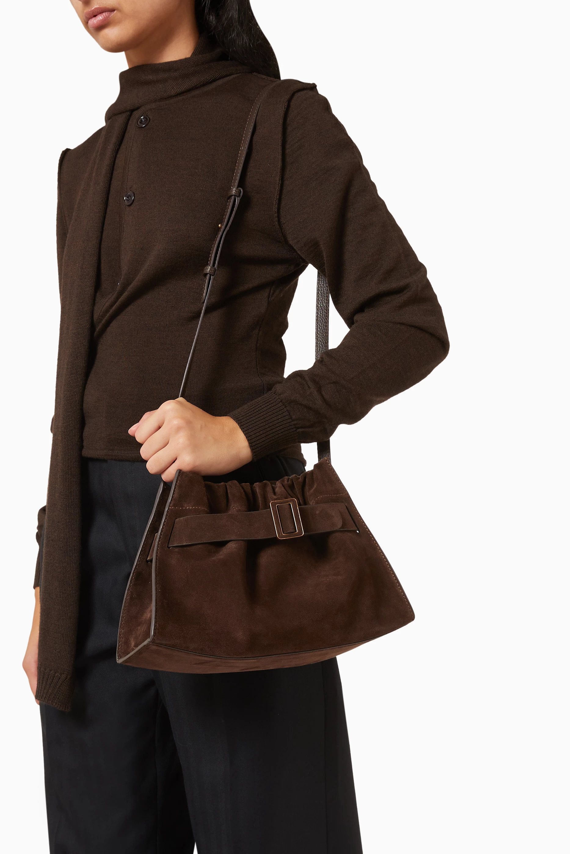 Buy BOYY Brown Scrunchy Satchel Bag in Calfskin Suede For Women
