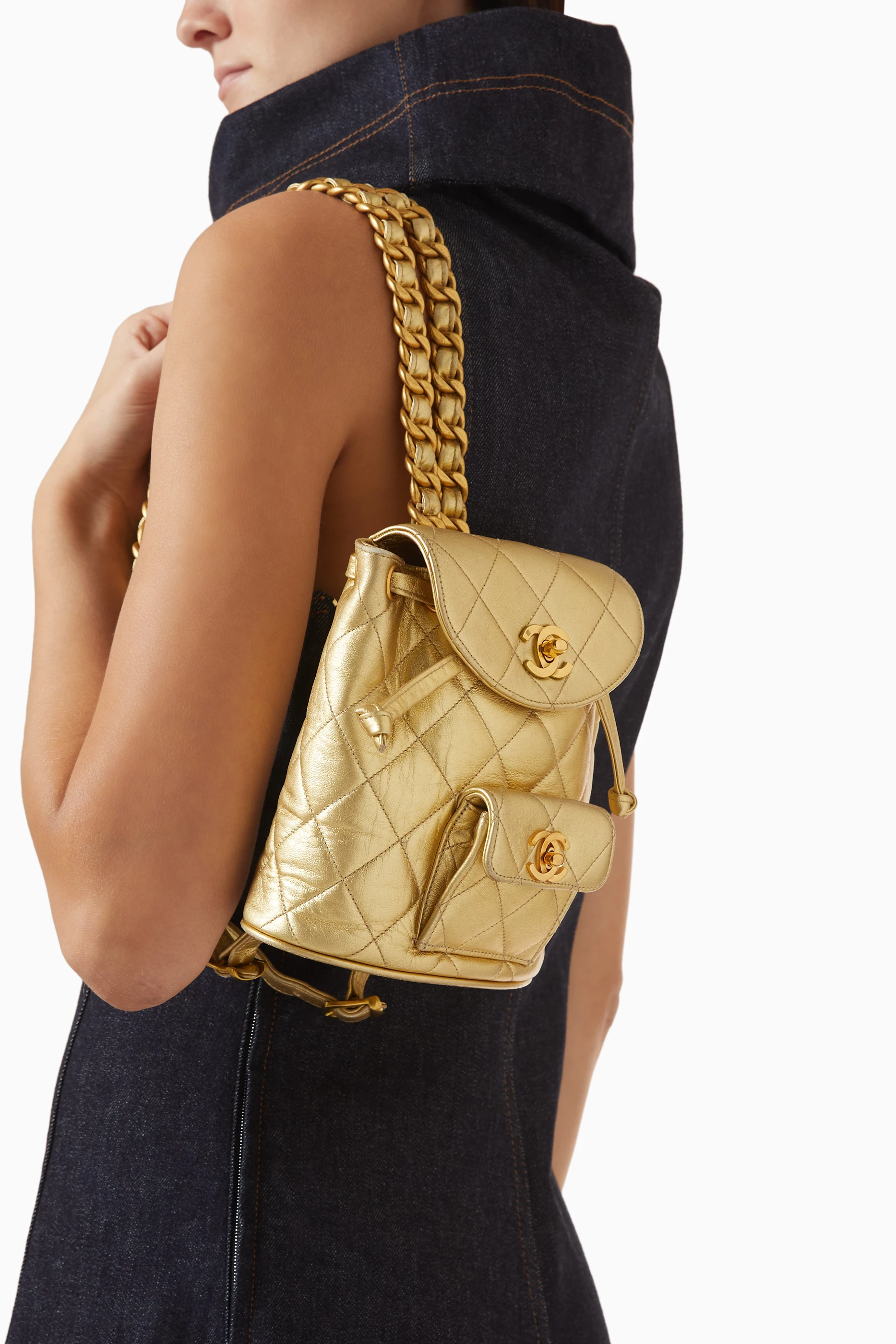chanel vintage mini backpack Classic CC Quilted Caviar Leather White tone hardware Metallic Gold Quilted Lambskin Mini