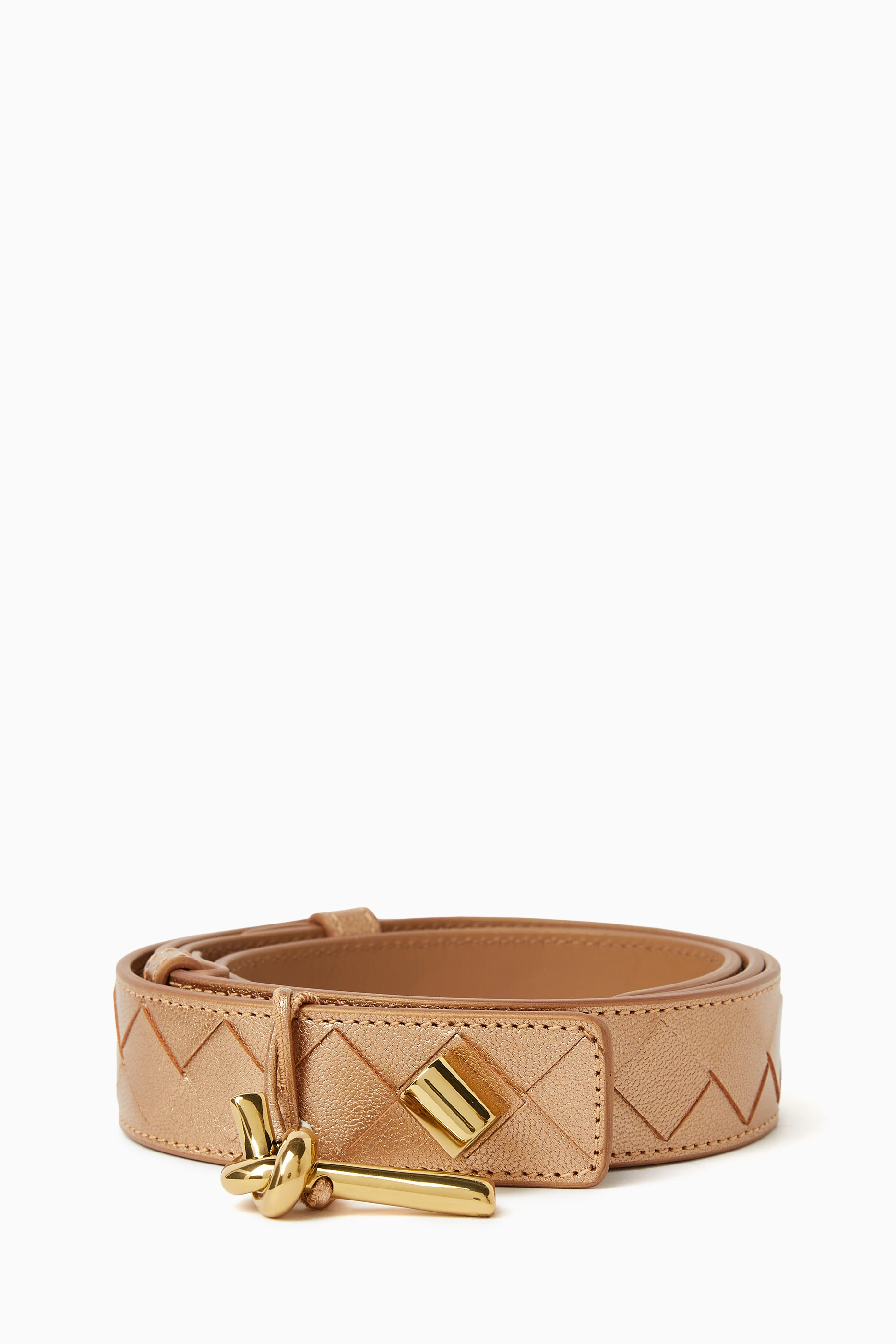 Buy Bottega Veneta Gold Andiamo Belt in Intrecciato Lamina  display picture 2