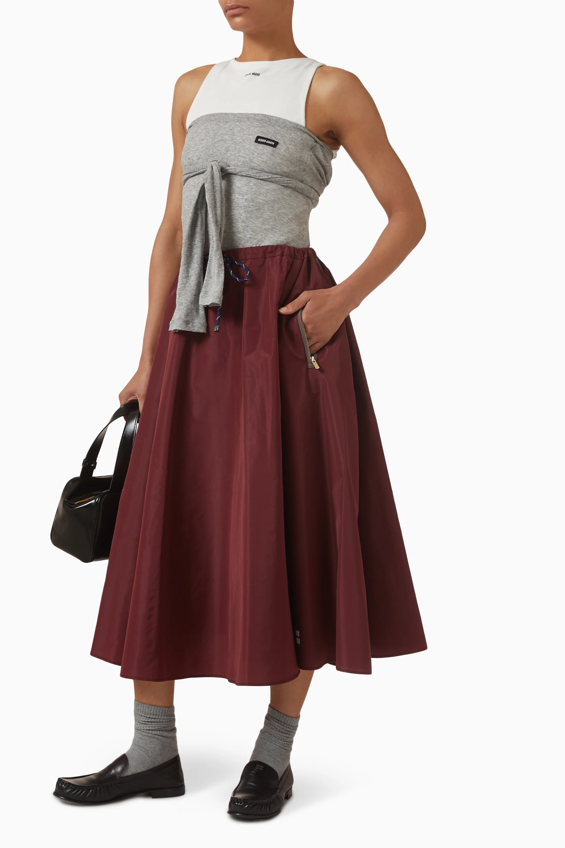 Buy Miu Miu Burgundy Drawstring-waist Skirt in Technical Fabric