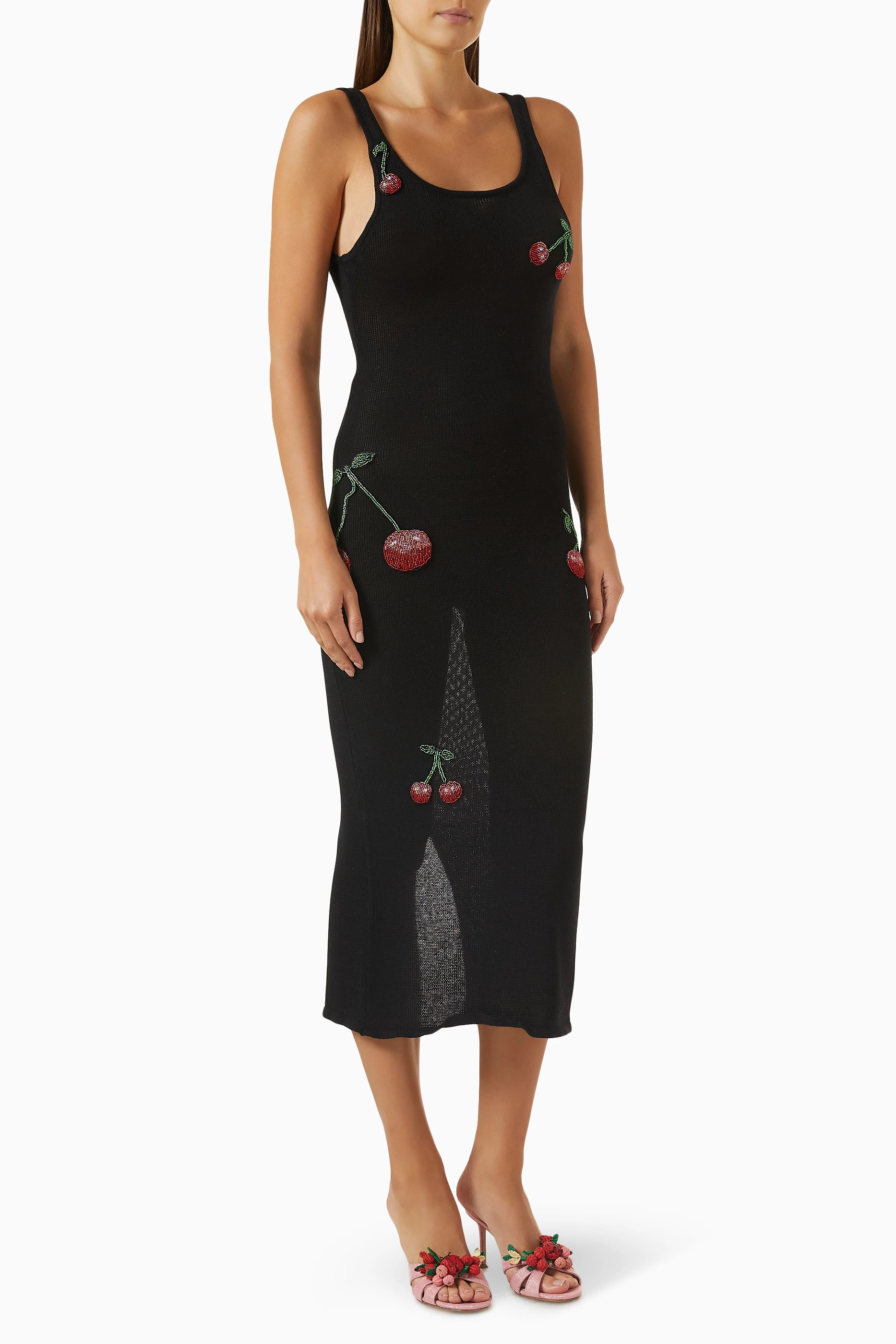 Buy Leslie Amon Black Cerise Embellished Tank Midi Dress in Knit