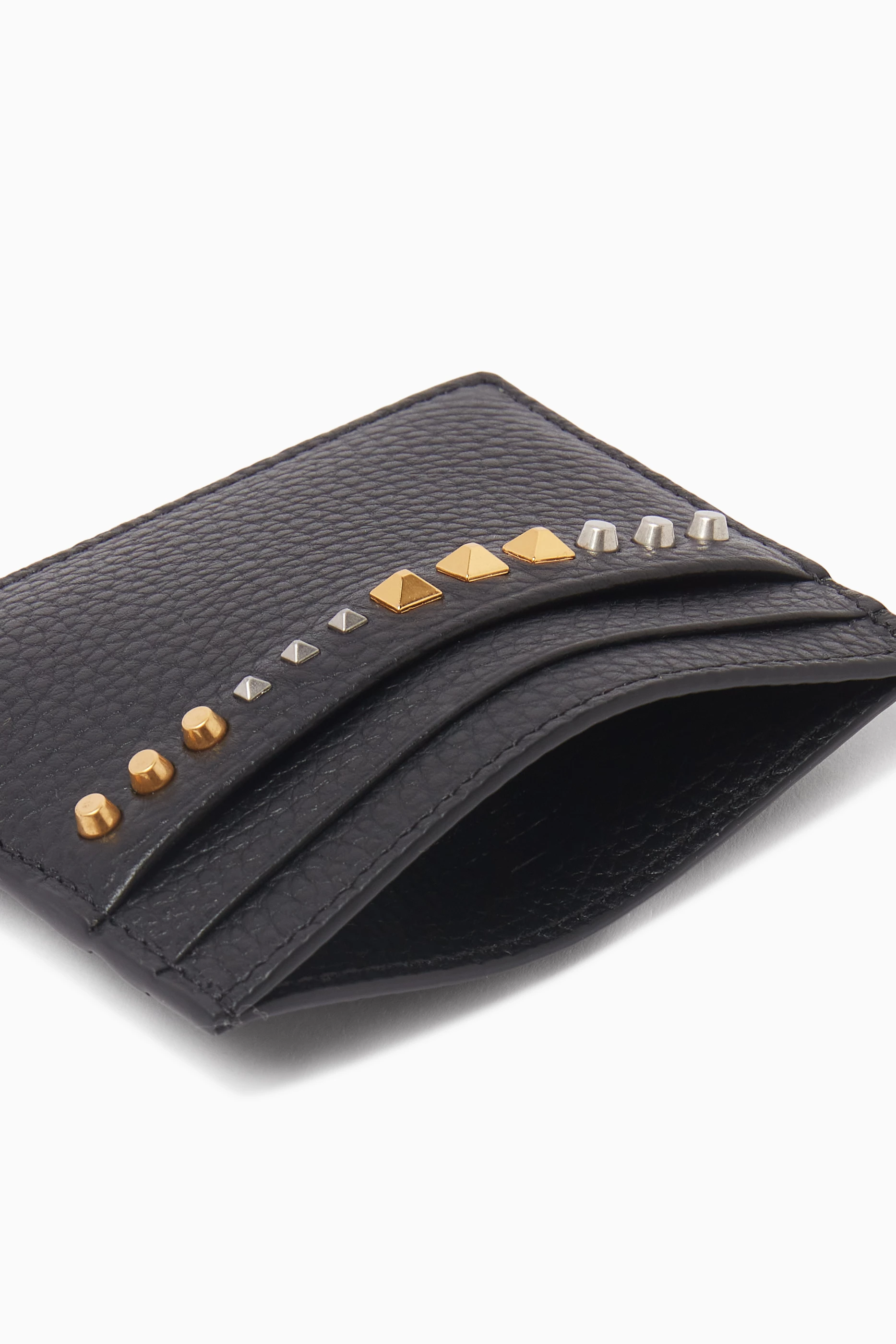 Buy Valentino Garavani Black Rockstud Card Holder in Grainy 
