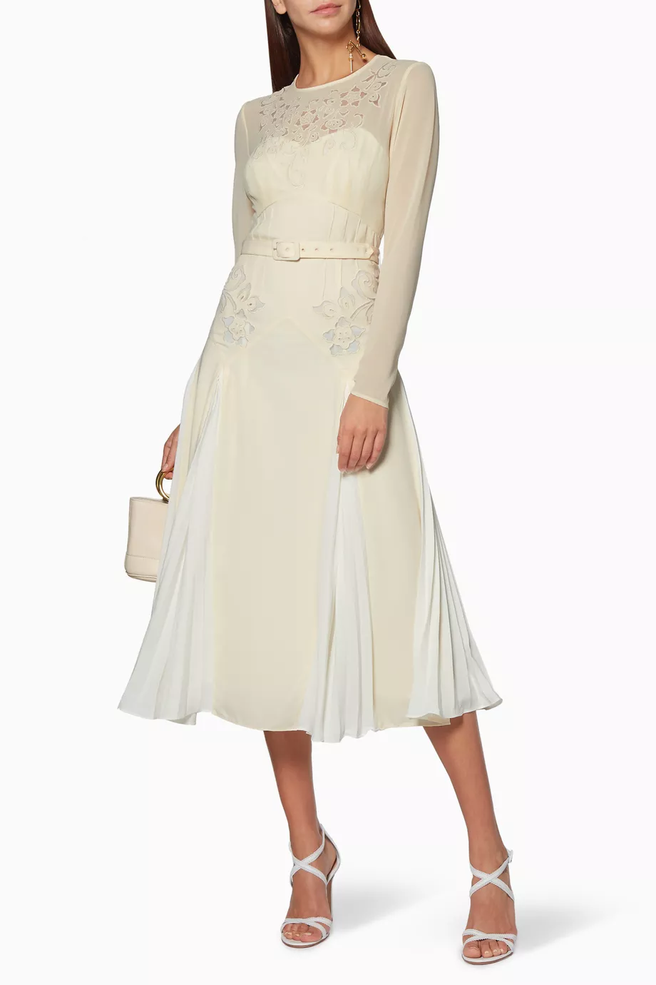 Buy Self Portrait Neutral Ivory Embroidered Midi Dress for Women