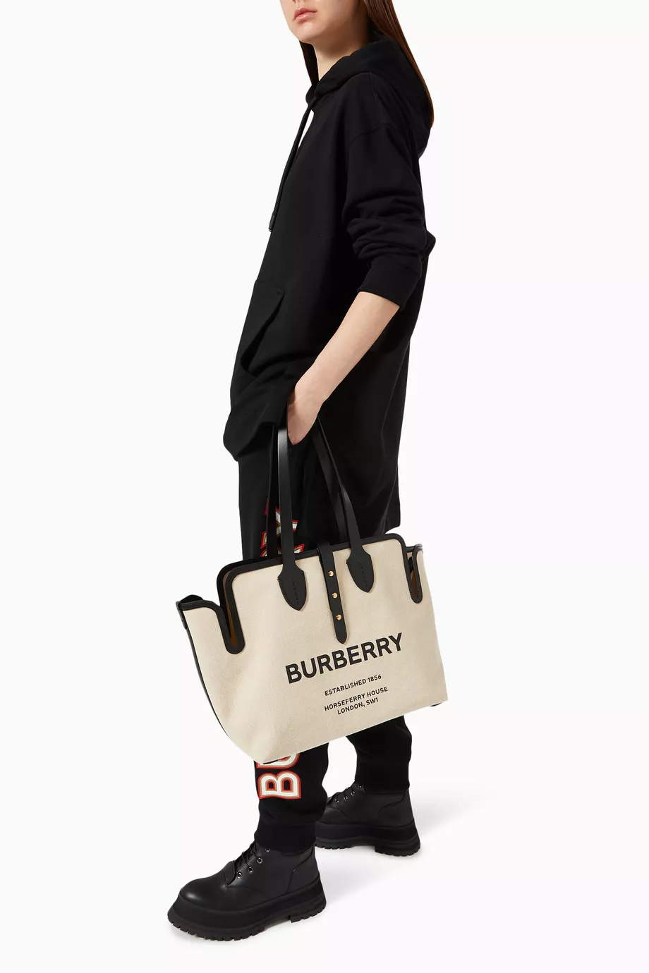 Buy Burberry Black Horseferry Tote Bag in Cotton Canvas and