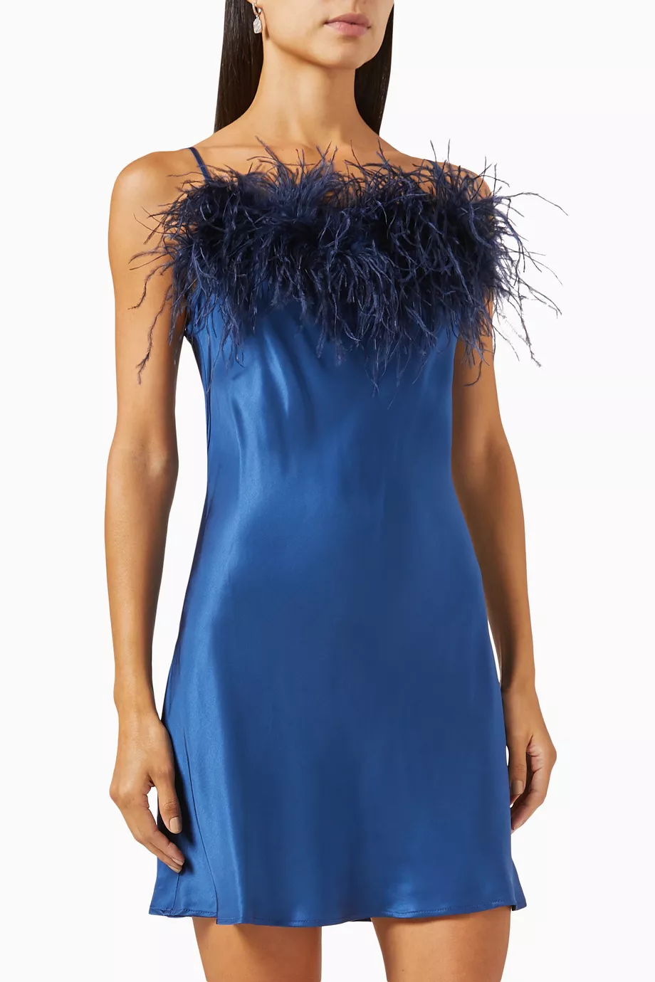 Buy Sleeper Blue Boheme Feather trimmed Mini Slip Dress in Ecovero