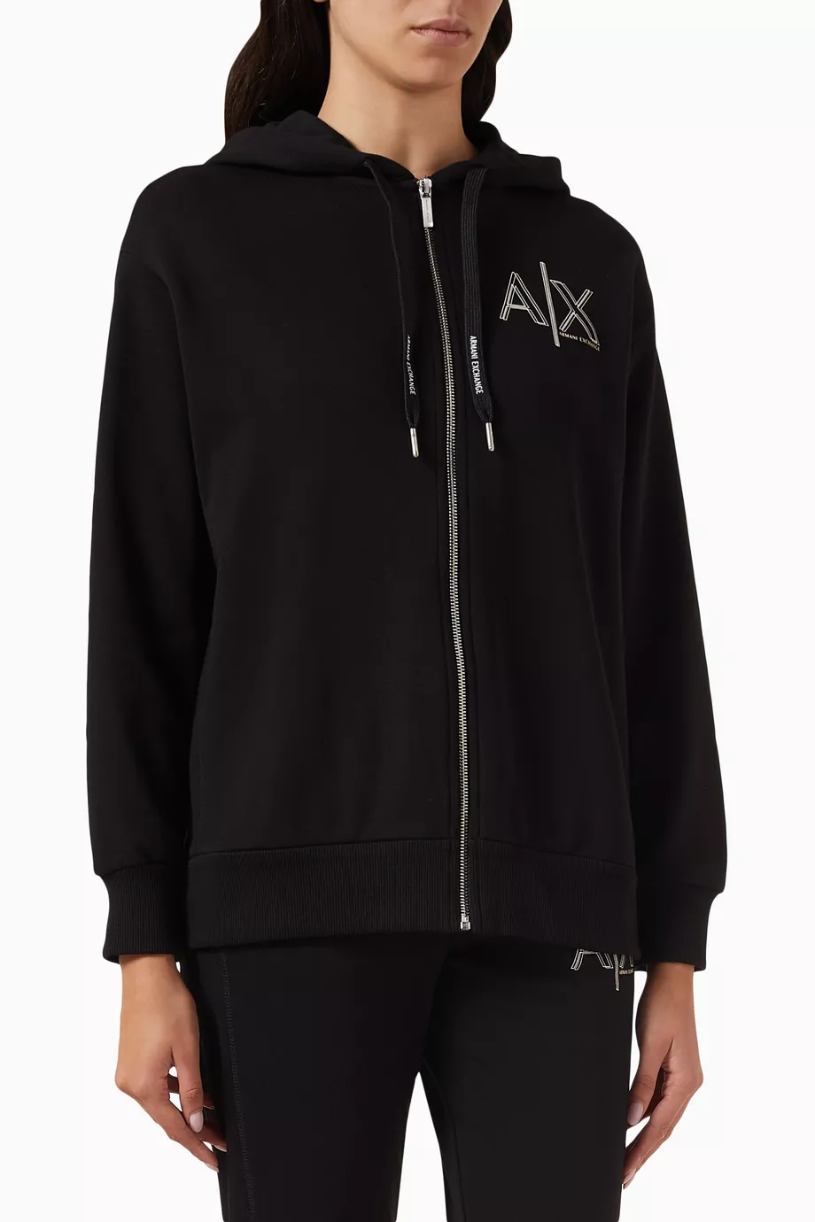 Buy Armani Exchange Black AX Logo Hoodie in Fleece for Women in