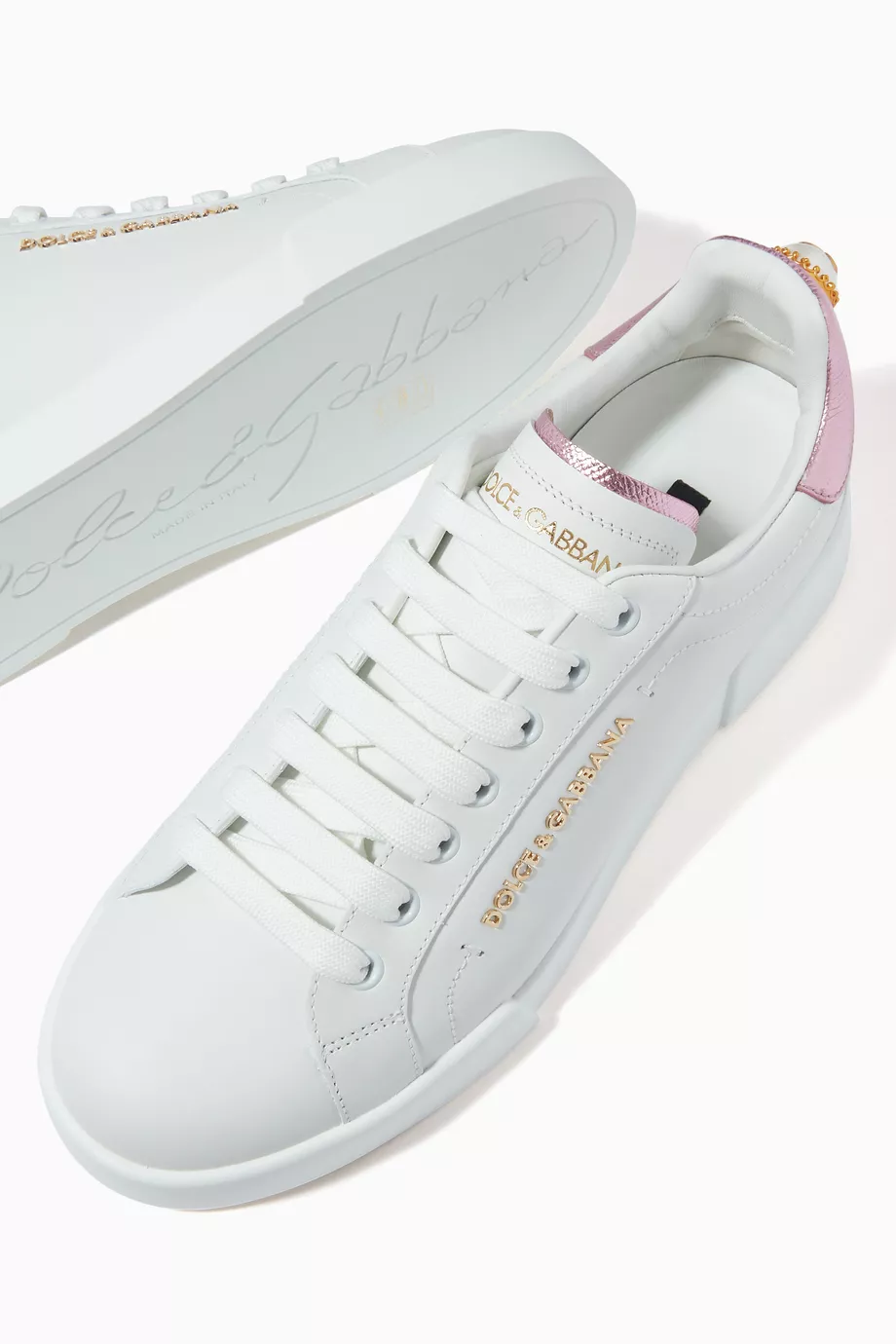 Buy Dolce Gabbana Pink Pearl-Detail Portofino Sneakers in Calf - Main Image