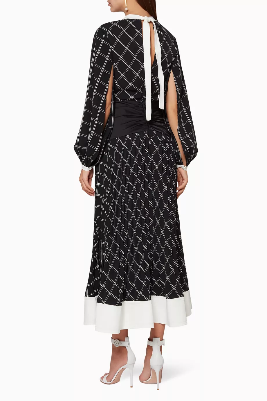 self portrait monochrome check midi dress Self-Portrait Check-Print Midi Dress In Neutrals - 50% Off