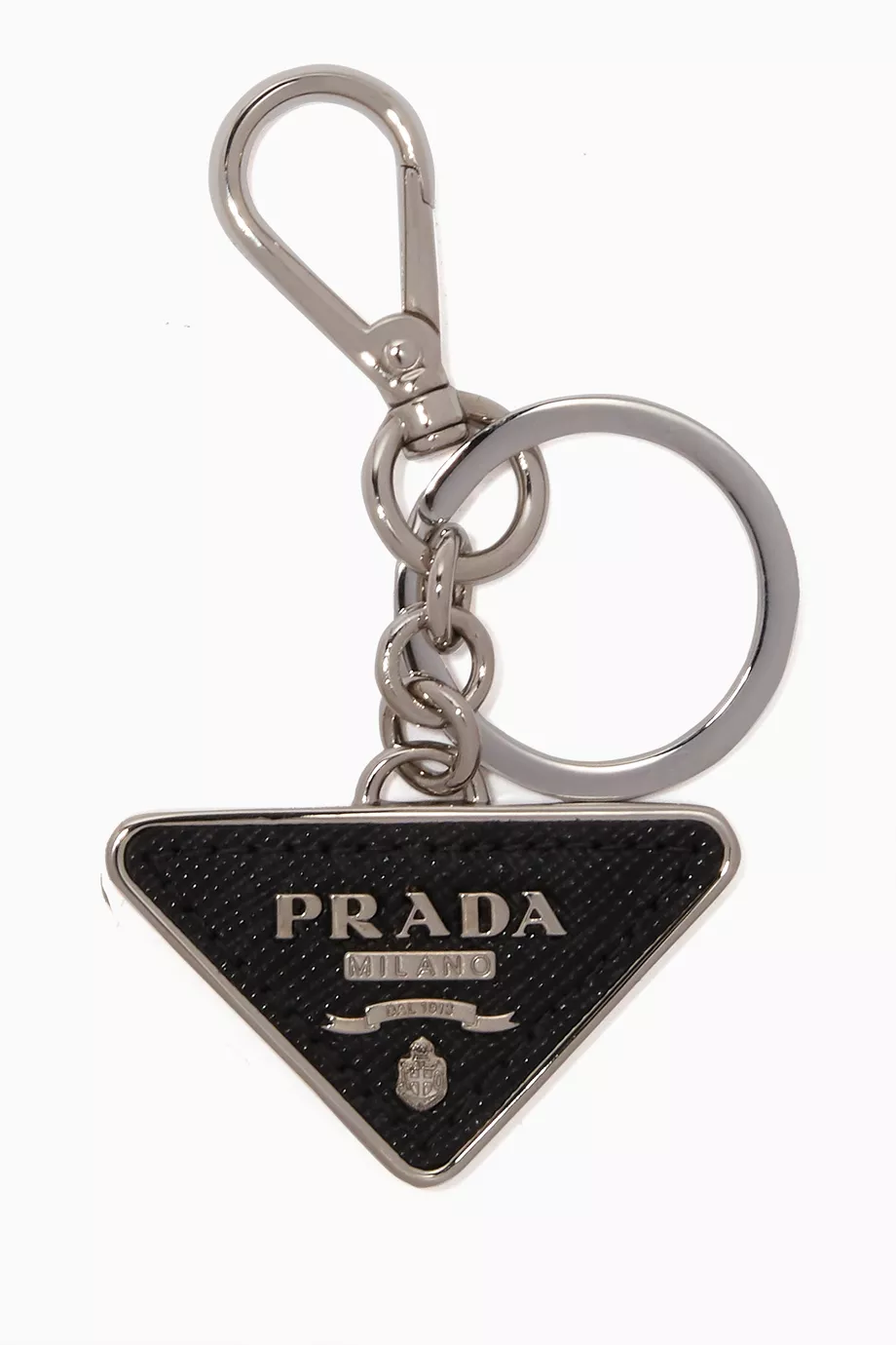 Buy Prada Black Black & Silver Saffiano Leather Keychain For Men
