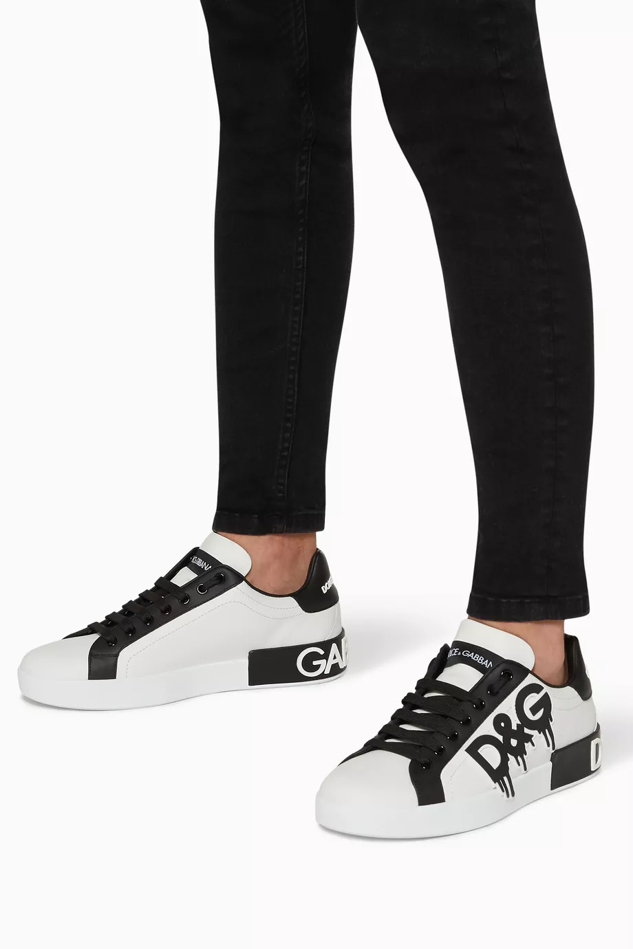 Buy Dolce Gabbana White Portofino D G Drip Logo Leather Sneakers For Men Online Ounass Saudi