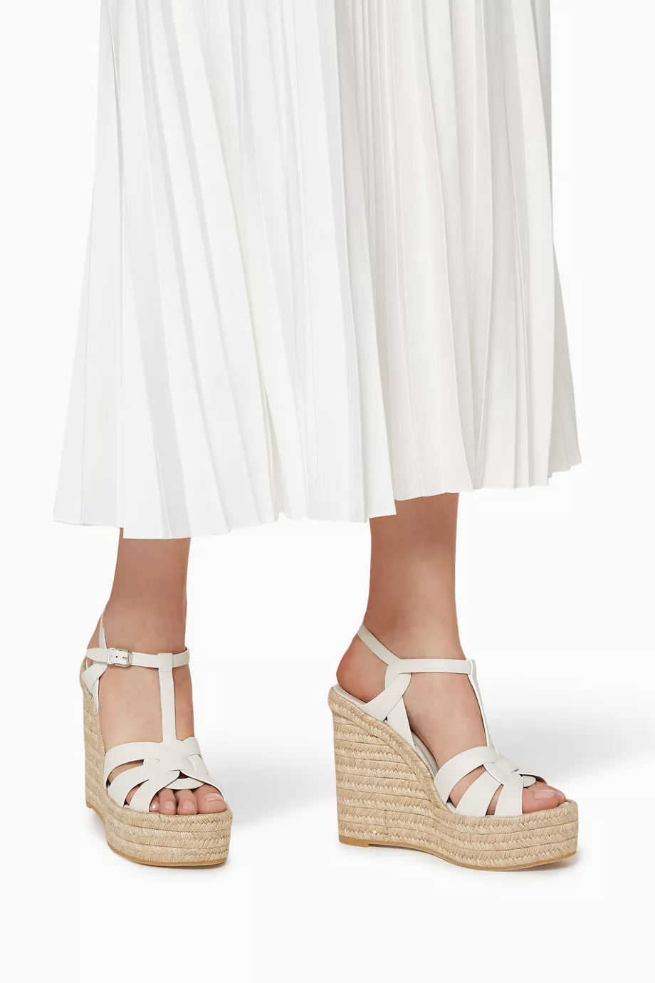 Buy SAINT LAURENT White Tribute 130 Wedge Espadrilles in Smooth Leather For Women Online Ounass Saudi