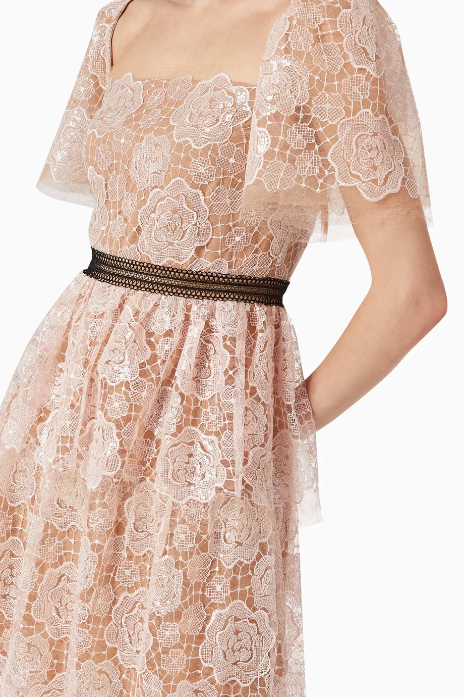 chinese dress ladies Pink Organza Lace Midi Dress  self-portrait