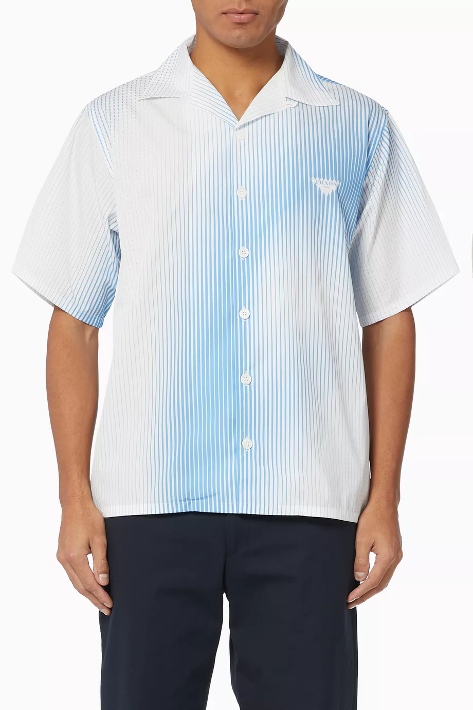 Buy Prada White Striped Cotton Poplin Bowling Shirt For Men Online