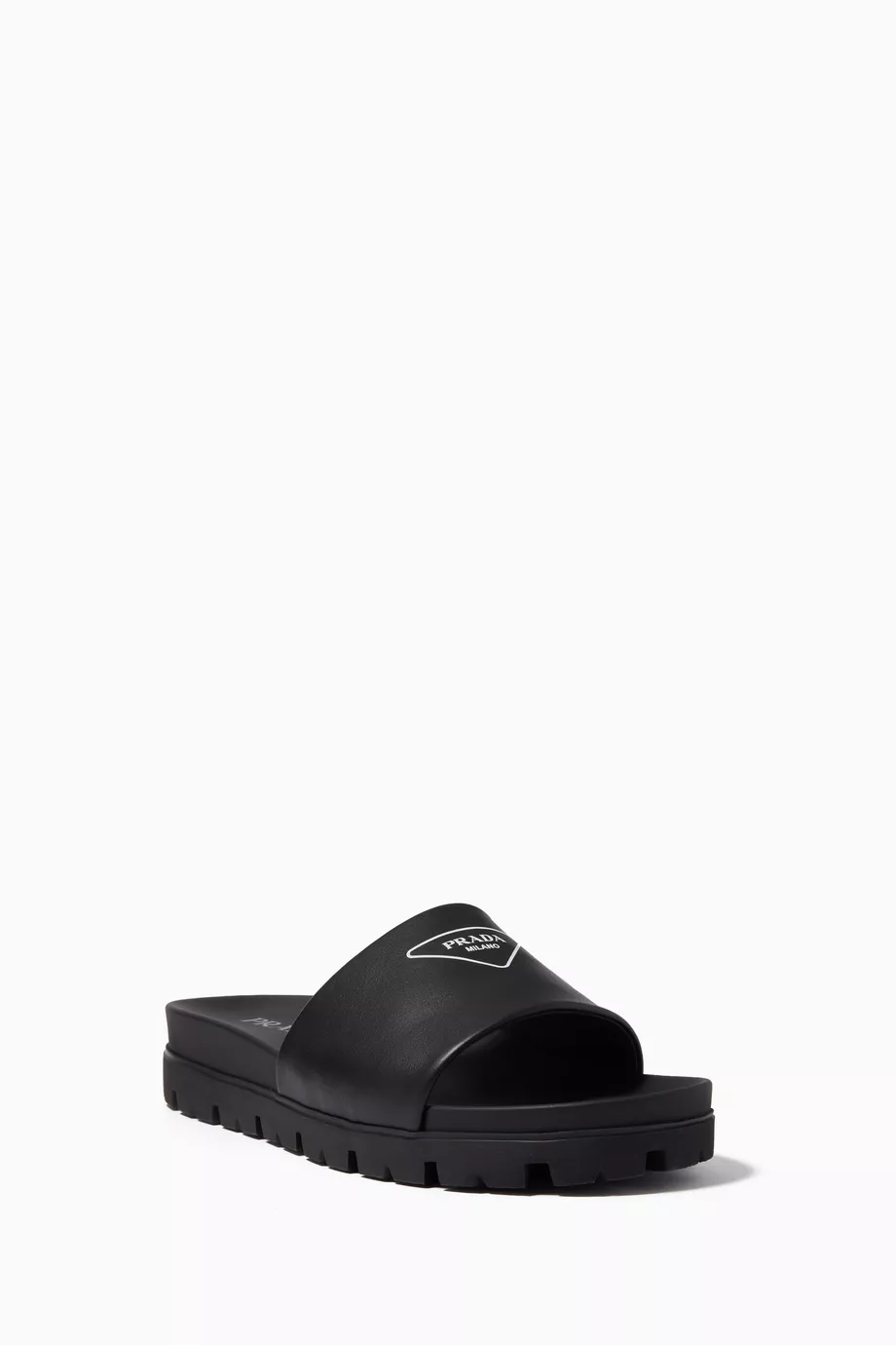 Buy Prada Black Logo Slides in Leather For Men Online Ounass Saudi